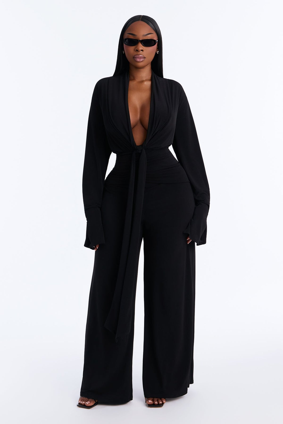 Silvia Plunge Neck Pant Set - Black