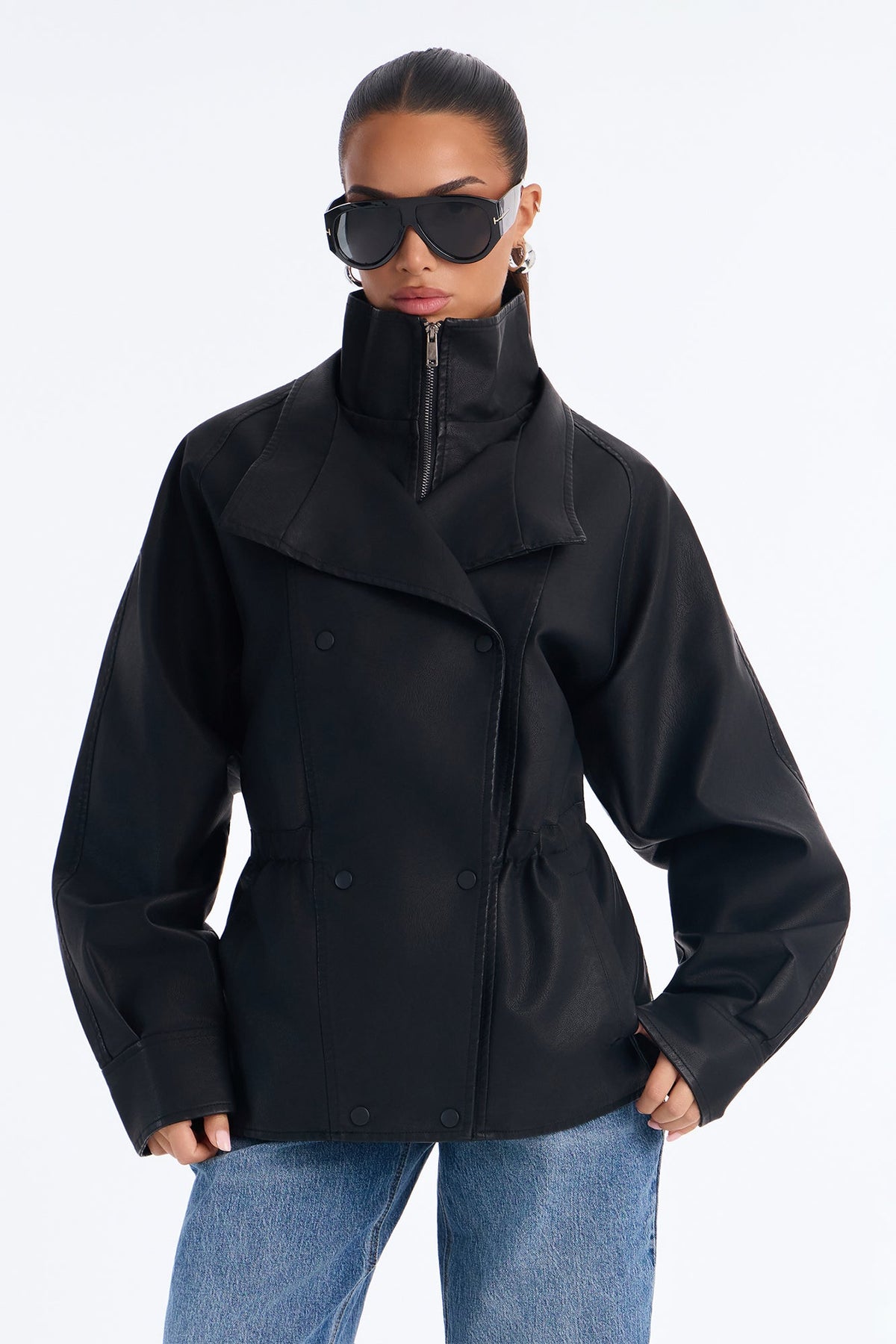 Jackie Faux Leather High Neck Anorak Jacket - Black