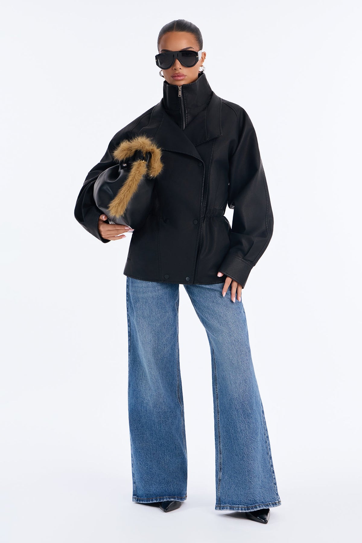 Jackie Faux Leather High Neck Anorak Jacket - Black