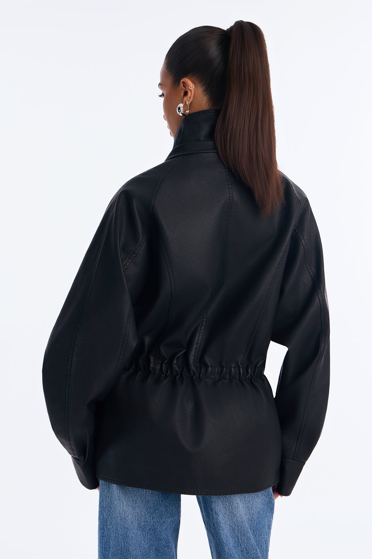 Jackie Faux Leather High Neck Anorak Jacket - Black