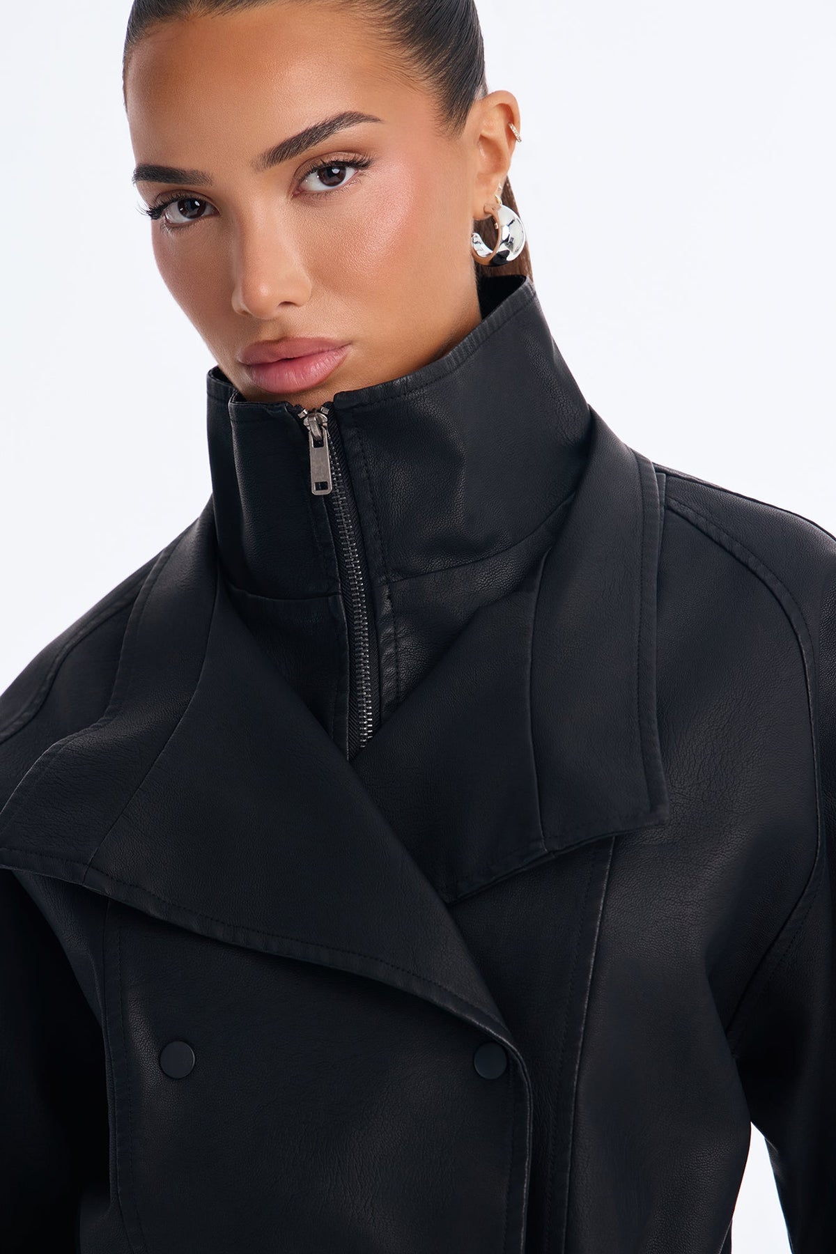 Jackie Faux Leather High Neck Anorak Jacket - Black