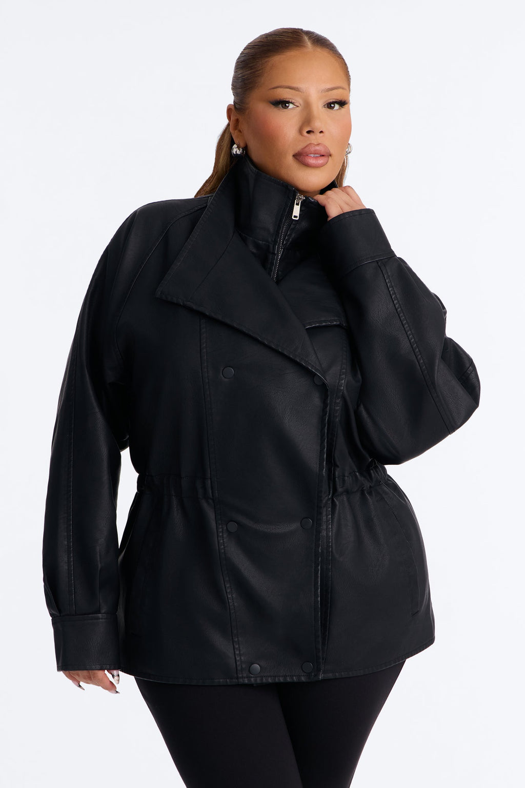 Jackie Faux Leather High Neck Anorak Jacket - Black