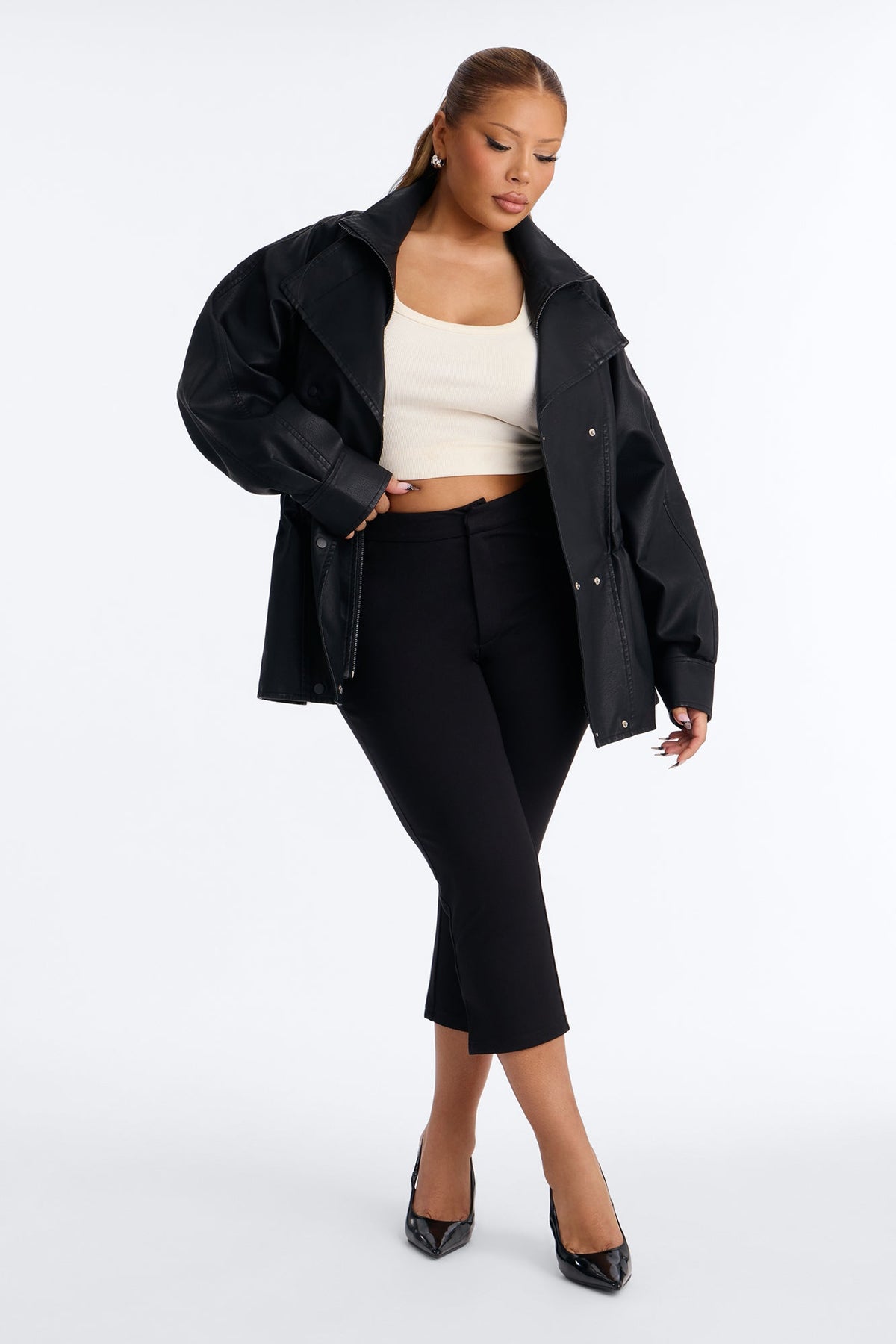 Jackie Faux Leather High Neck Anorak Jacket - Black