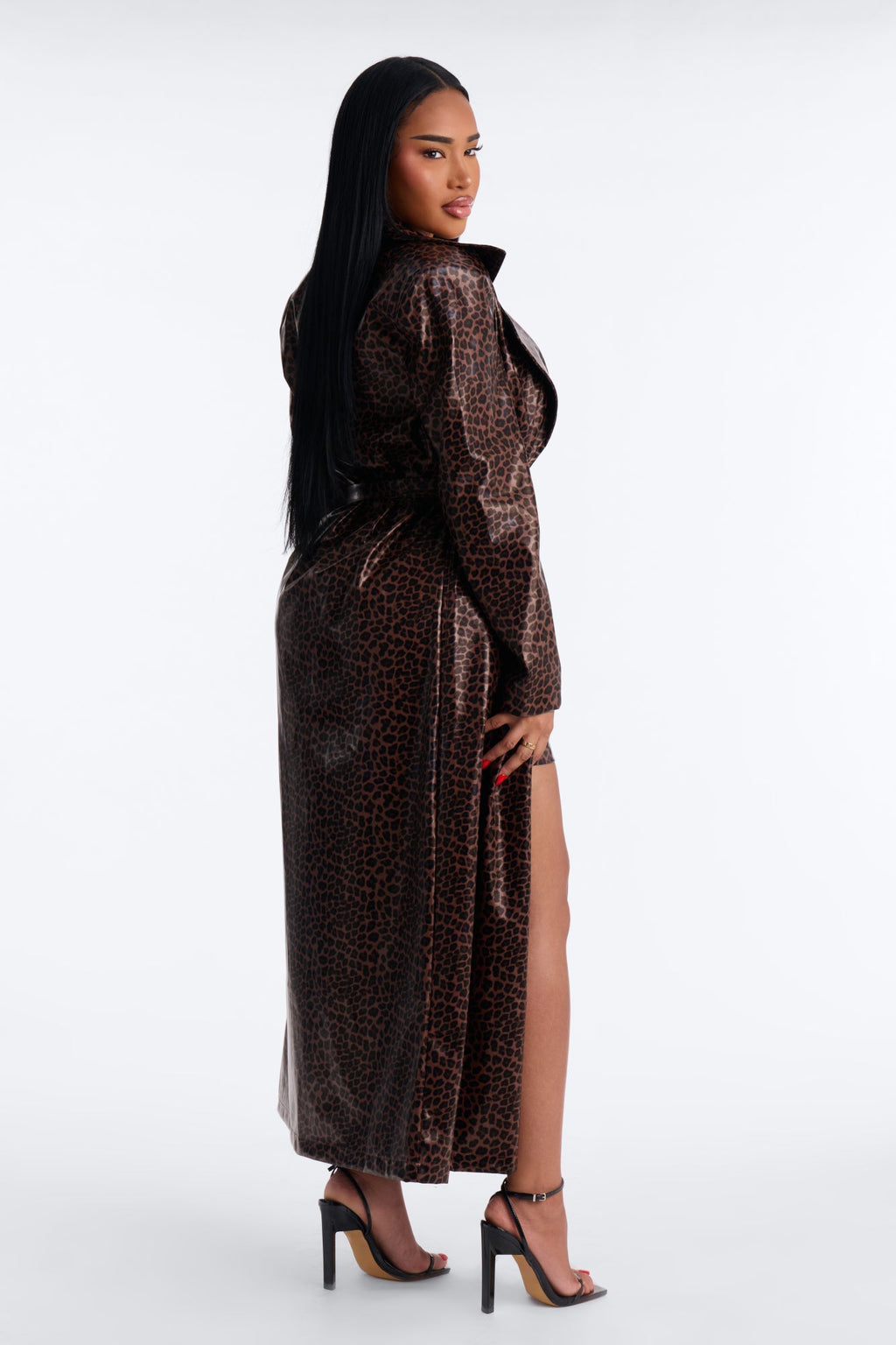 Hit The Gas Leopard Faux Leather Trench and Mini Dress Set - Chocolate/Combo