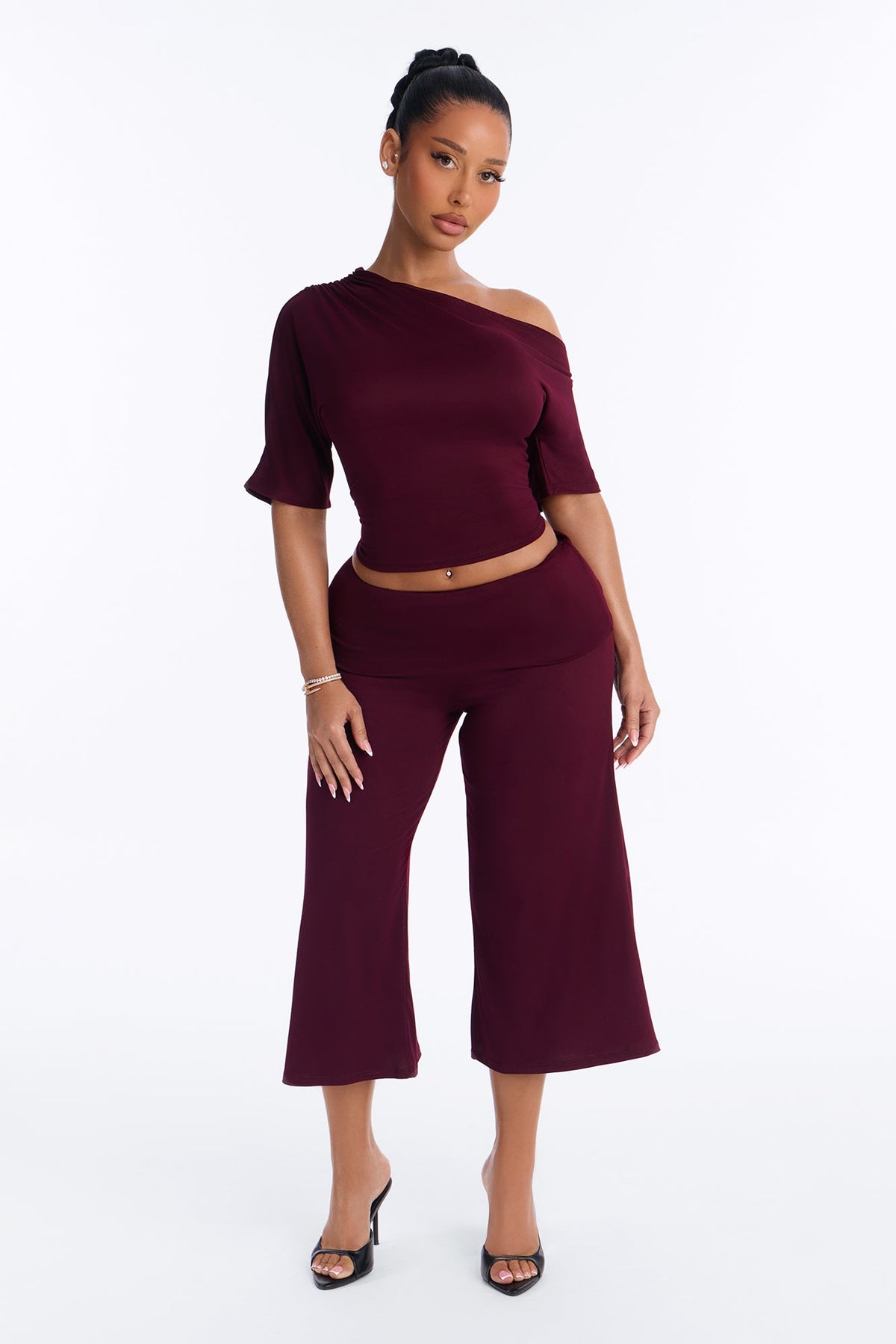 Maria Off Shoulder Gaucho Pant Set - Burgundy