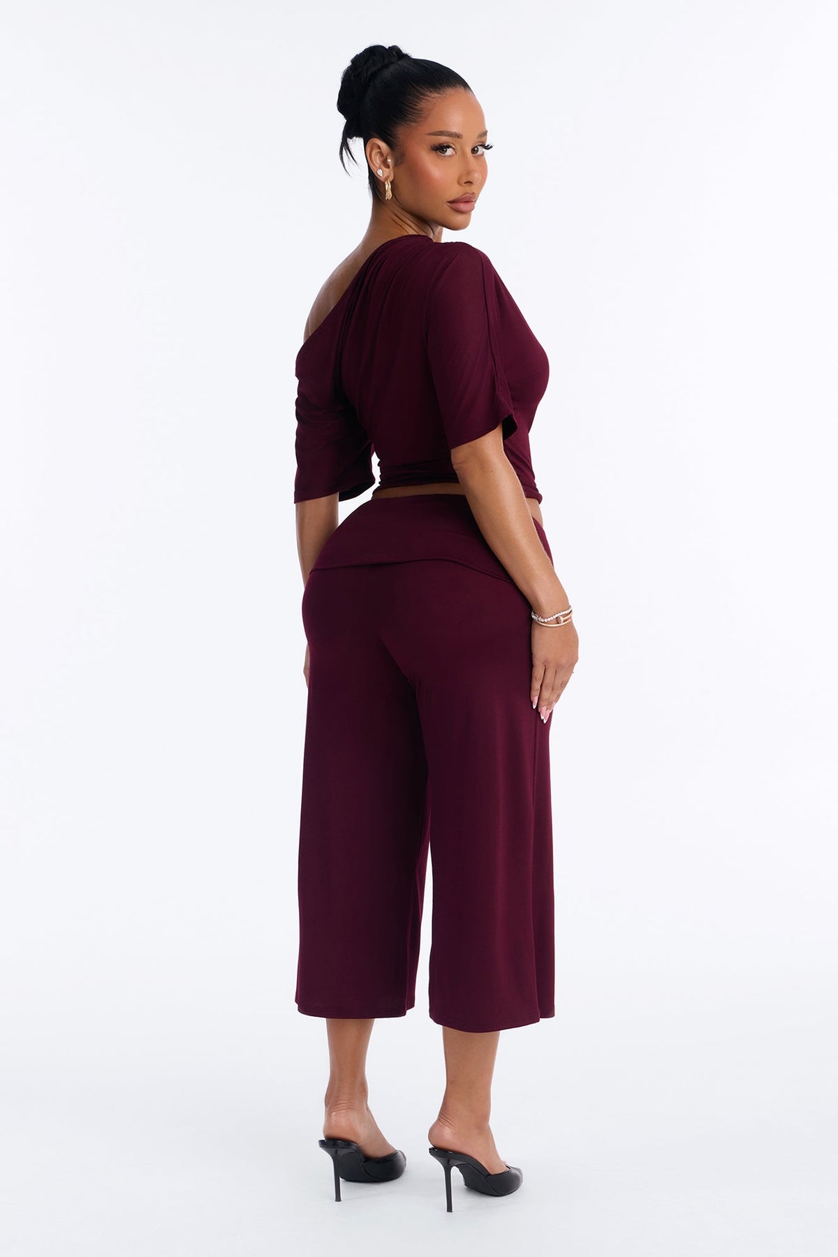 Maria Off Shoulder Gaucho Pant Set - Burgundy