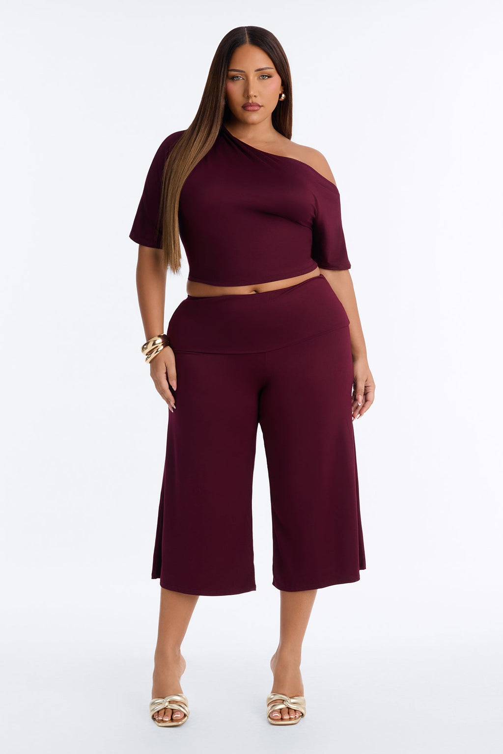 Maria Off Shoulder Gaucho Pant Set - Burgundy