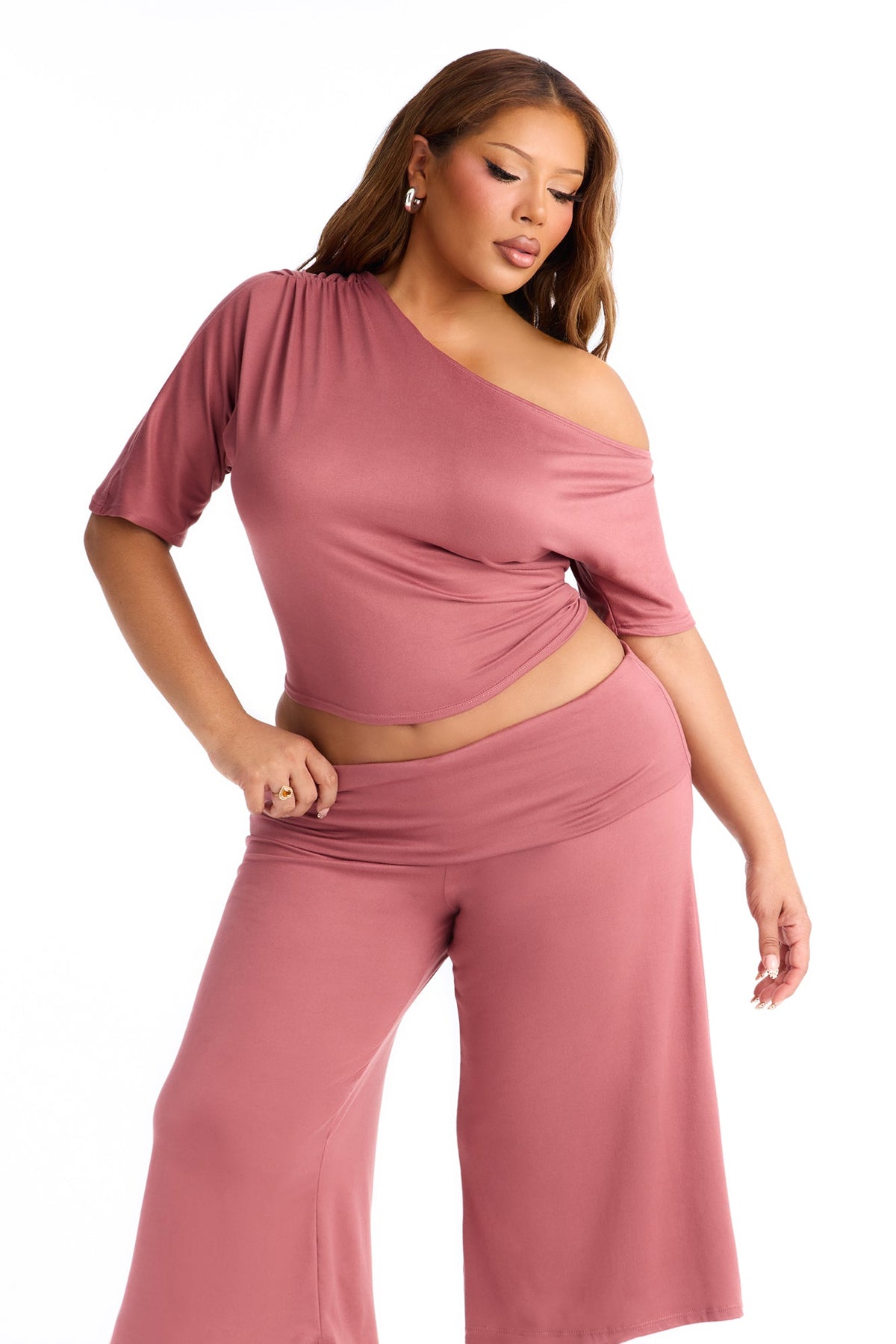 Maria Off Shoulder Gaucho Pant Set - Rose