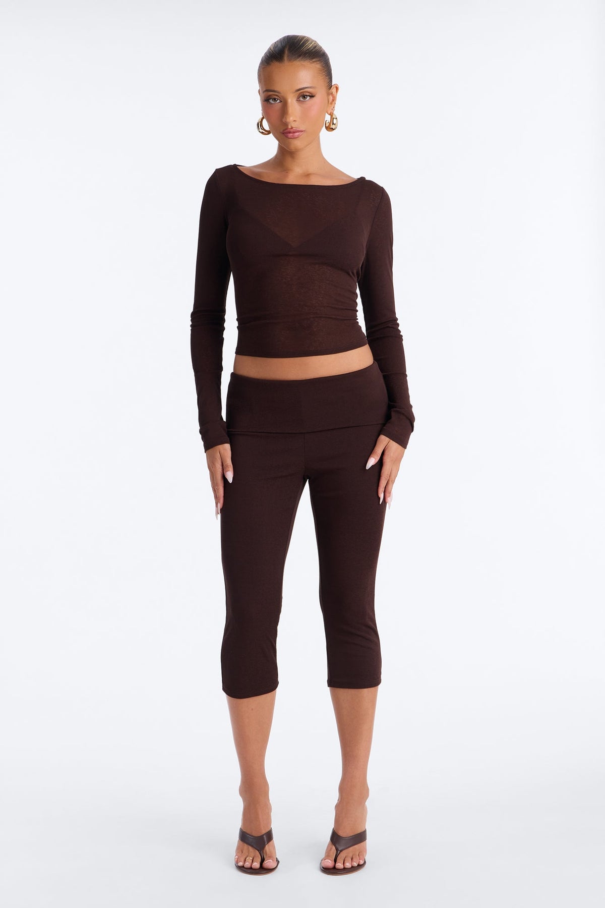 Gisele 3 Piece Sheer Capri Set - Chocolate