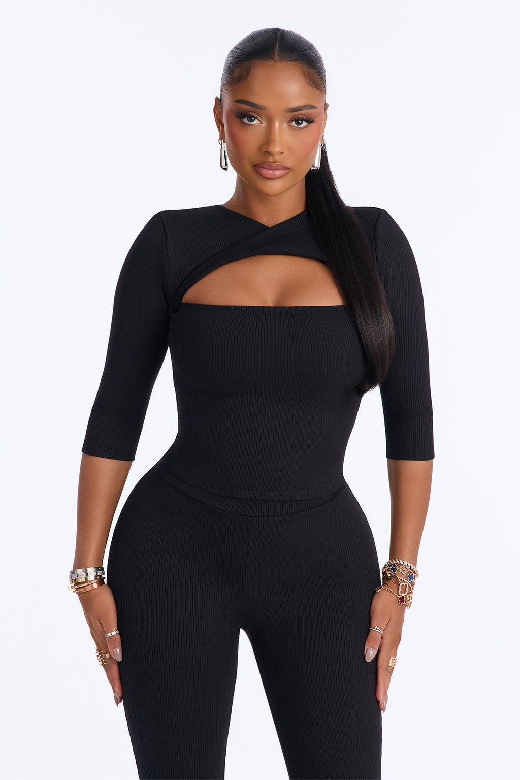 Jadyn Snatched 3/4 Sleeve Pant Set - Black
