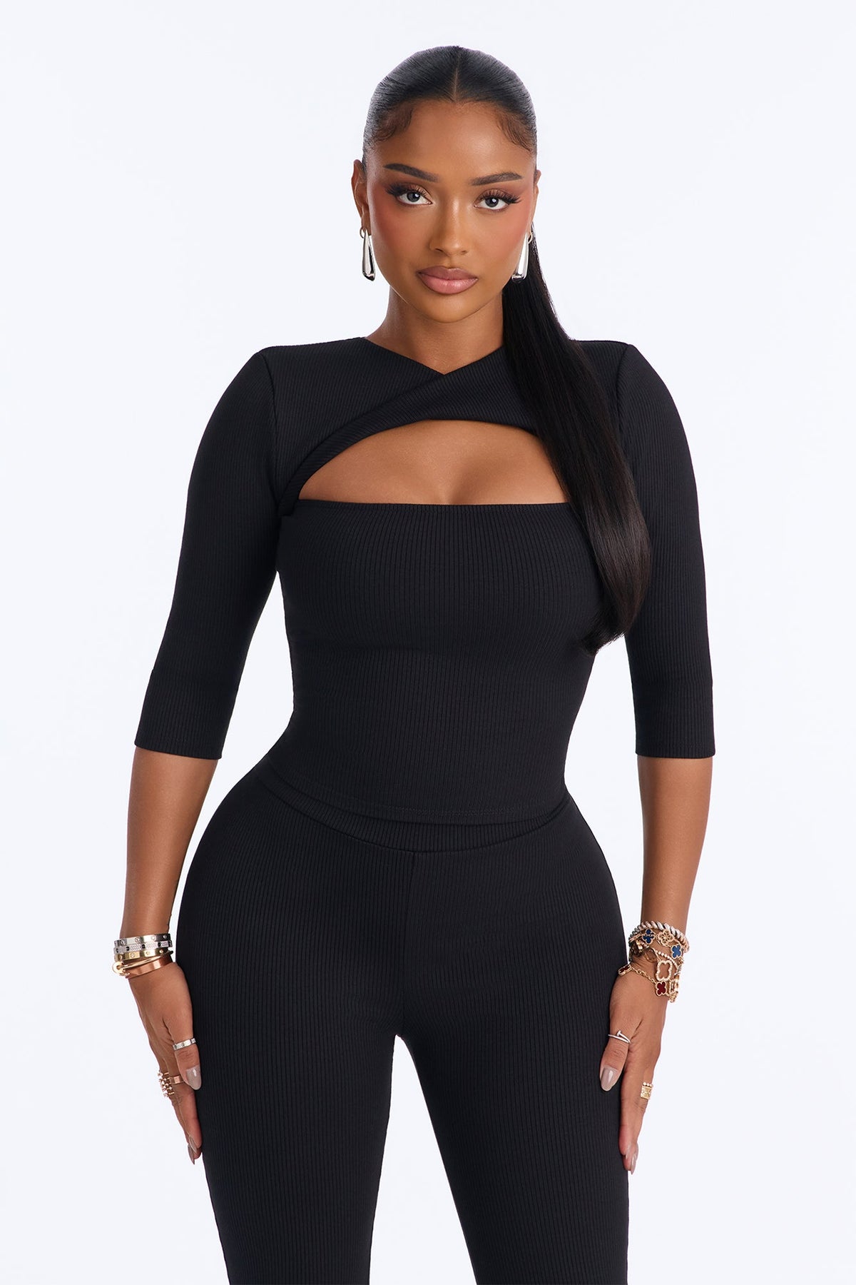 Jadyn Snatched 3/4 Sleeve Pant Set - Black