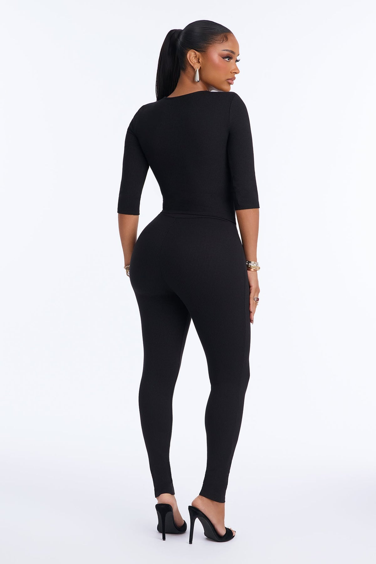 Jadyn Snatched 3/4 Sleeve Pant Set - Black