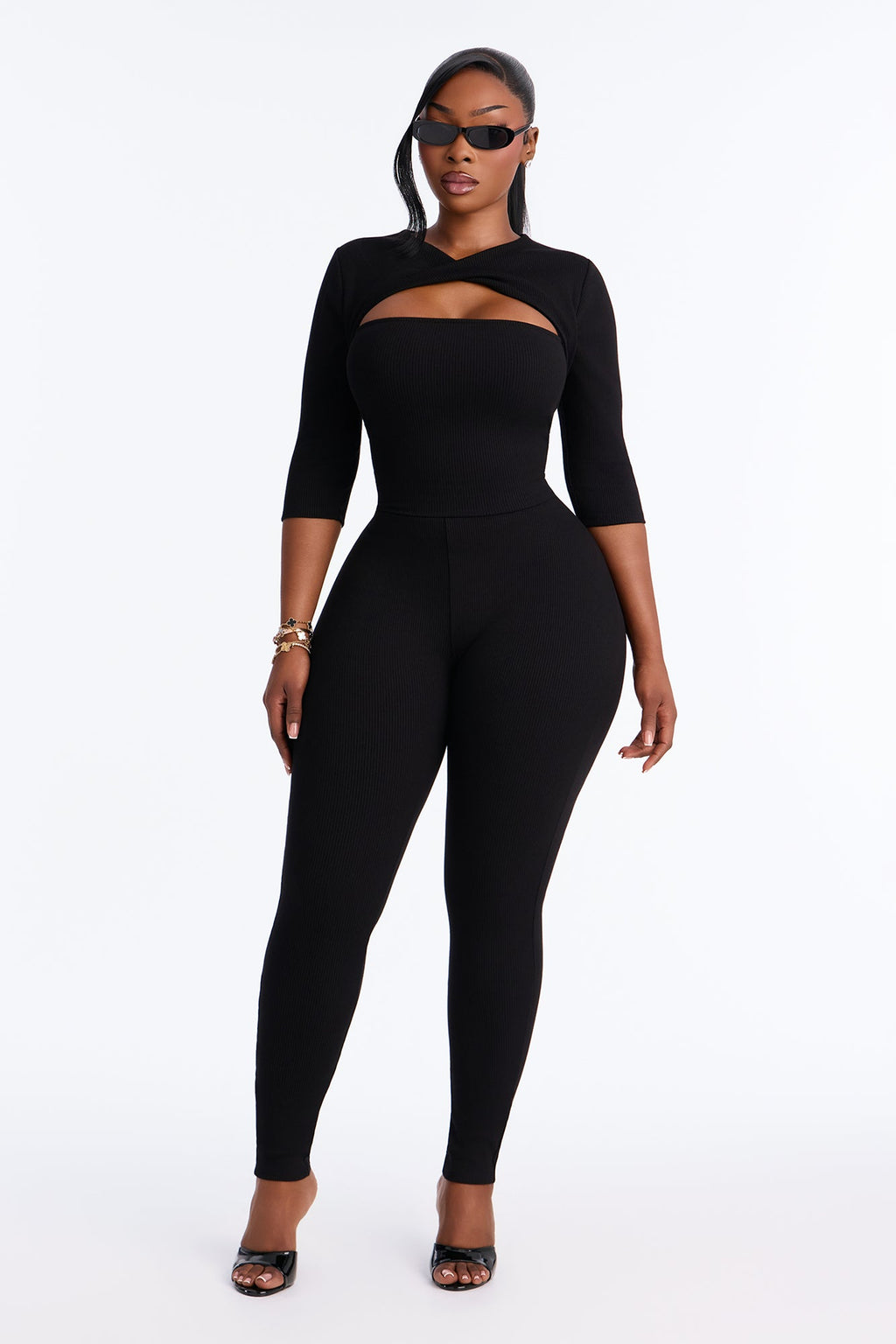 Jadyn Snatched 3/4 Sleeve Pant Set - Black