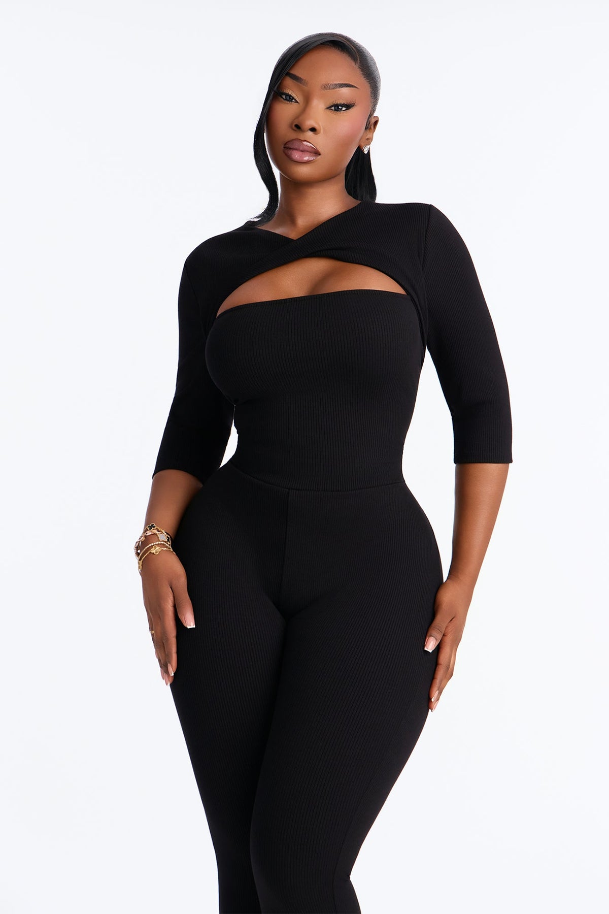 Jadyn Snatched 3/4 Sleeve Pant Set - Black