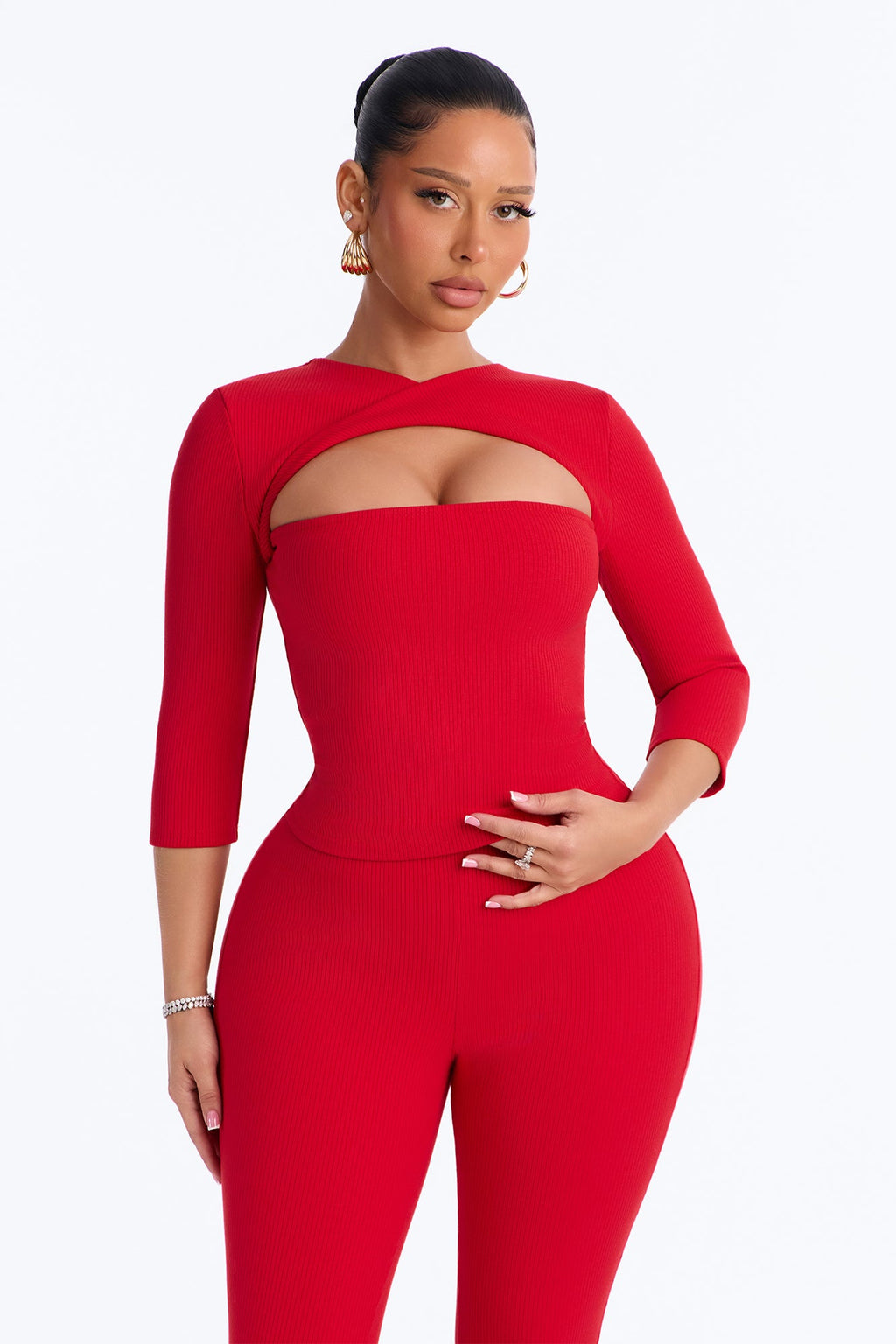Jadyn Snatched 3/4 Sleeve Pant Set - Red