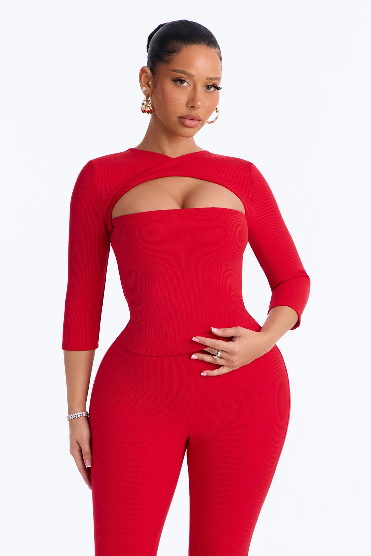 Jadyn Snatched 3/4 Sleeve Pant Set - Red