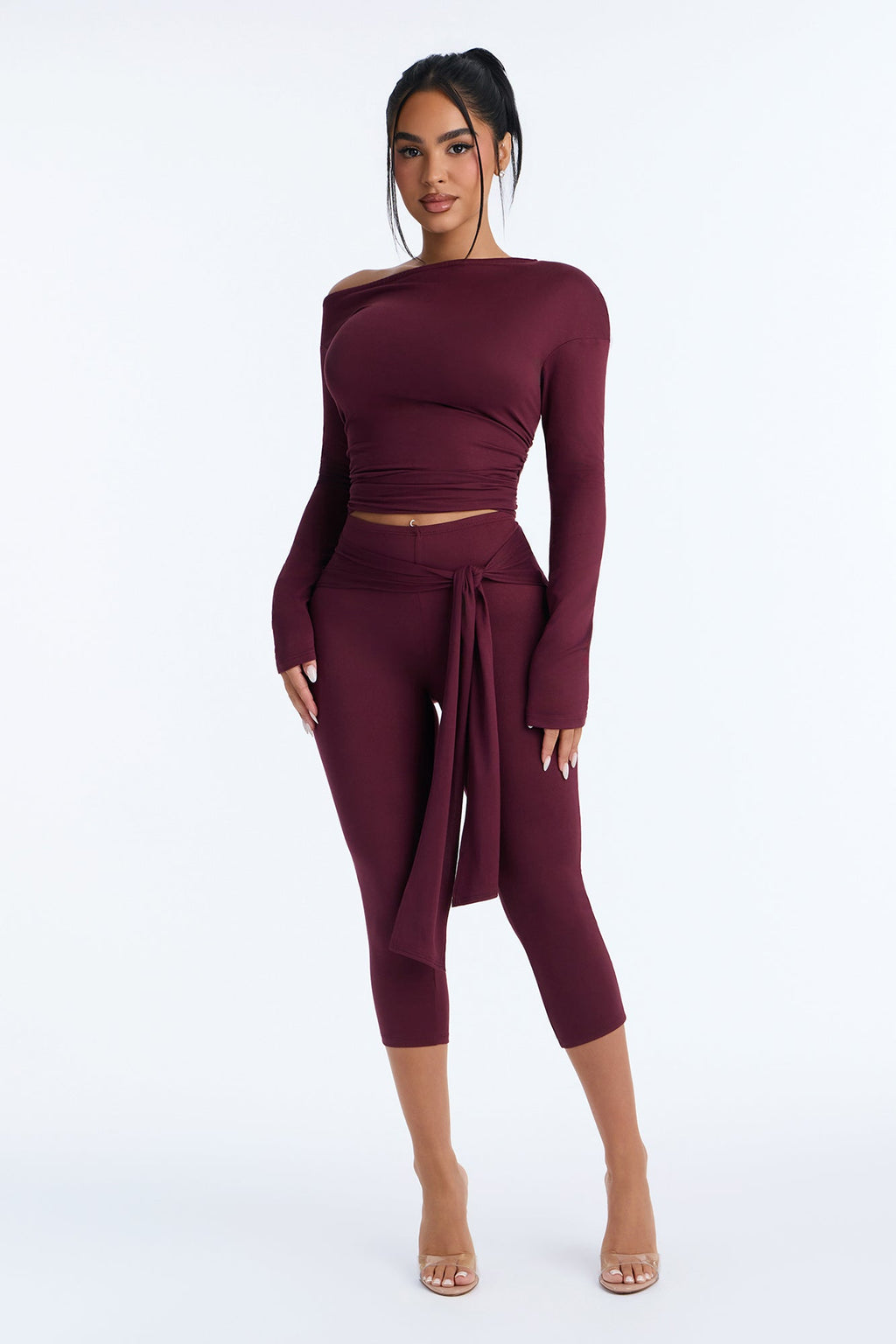 Leah Tie Waist Capri Set - Wine