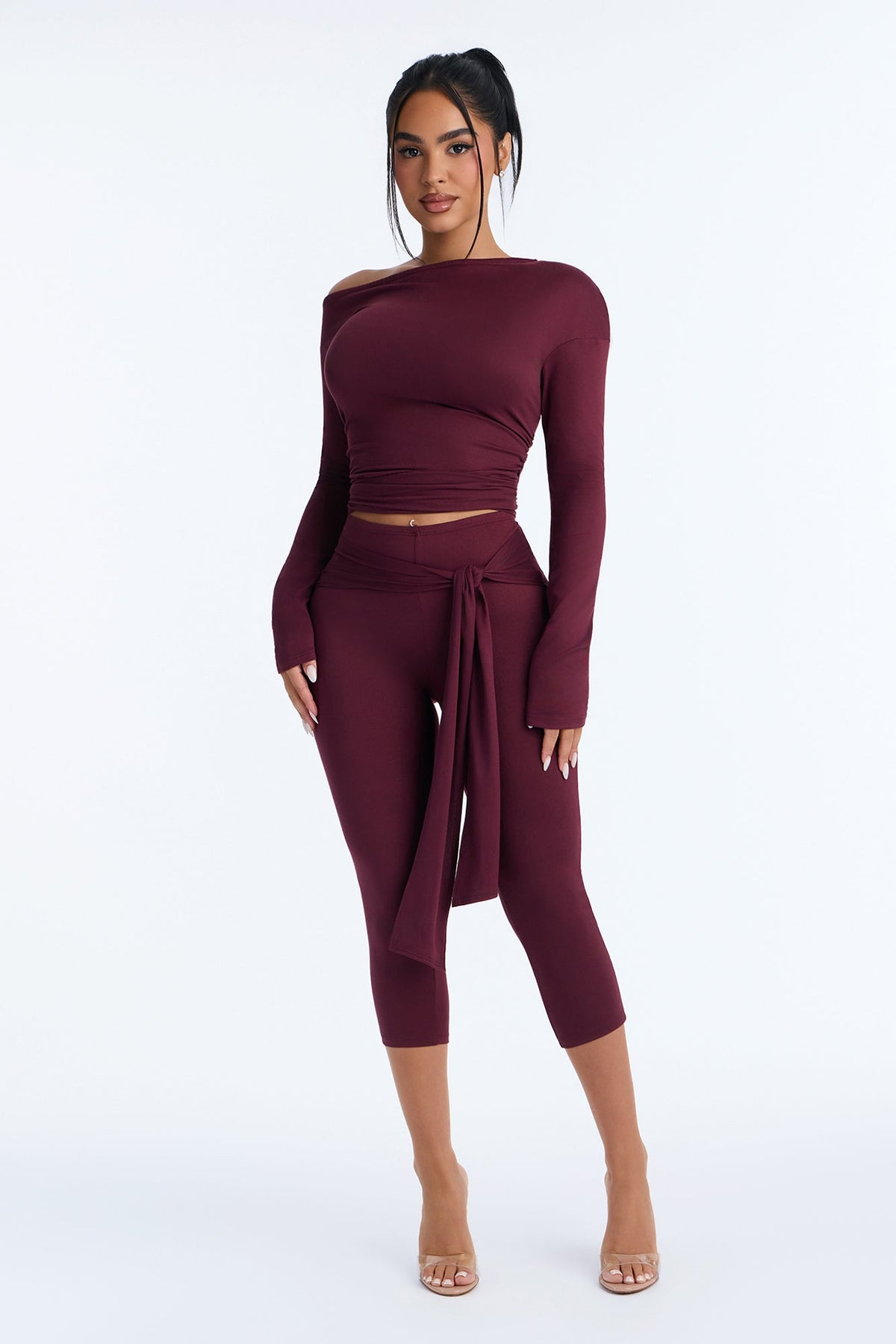 Leah Tie Waist Capri Set - Wine