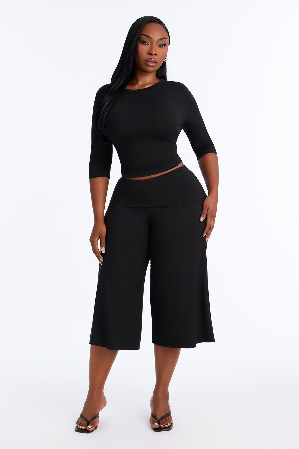 Kyla Foldover Gaucho Pant Set - Black
