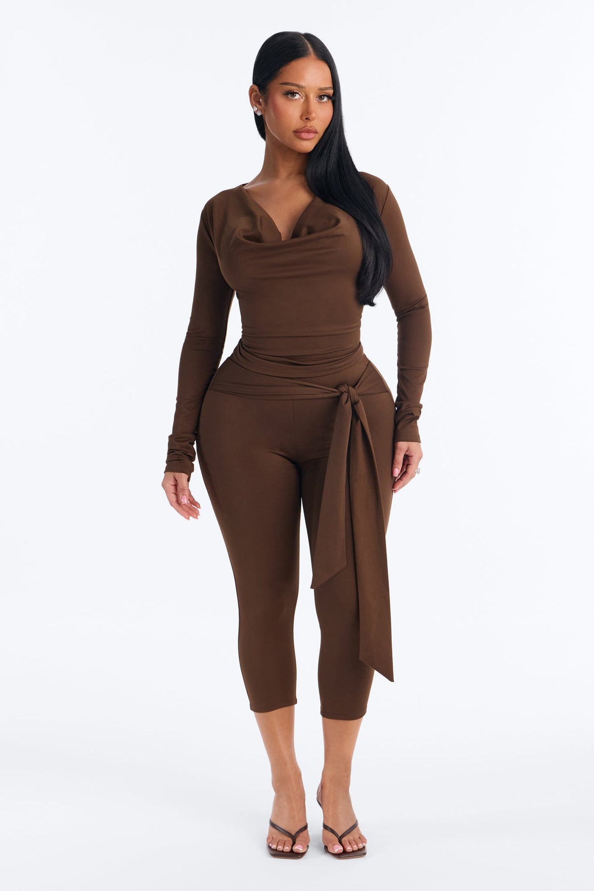 Oden Cowl Neck Capri Set - Chocolate