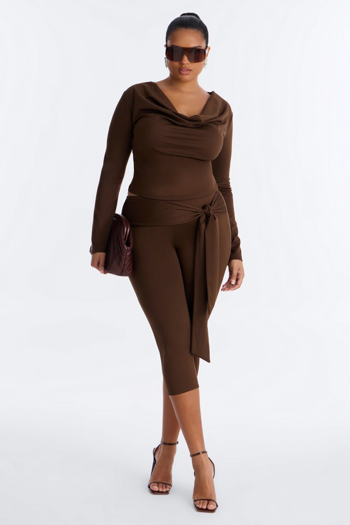 Oden Cowl Neck Capri Set - Chocolate