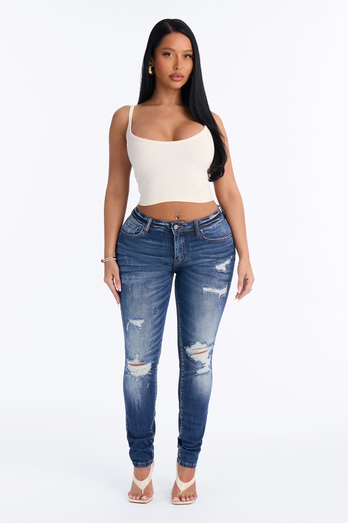 Get The Vibe Stretch Ripped Skinny Jeans - Dark Wash