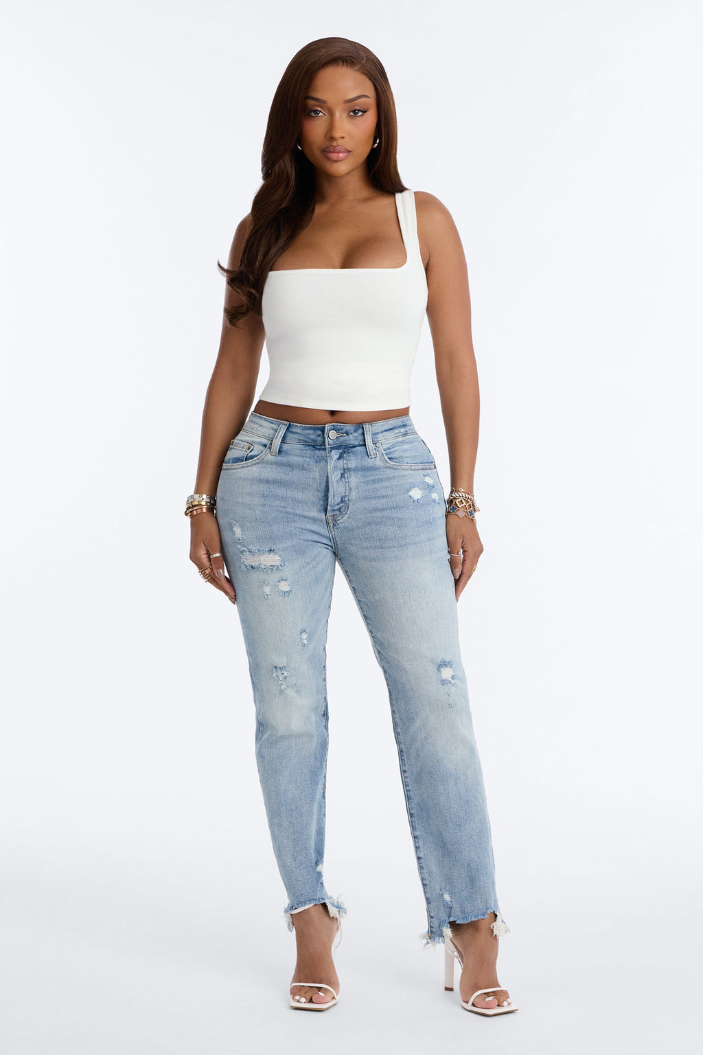 True Instincts Ripped Raw Hem Skinny Jeans - Light Wash