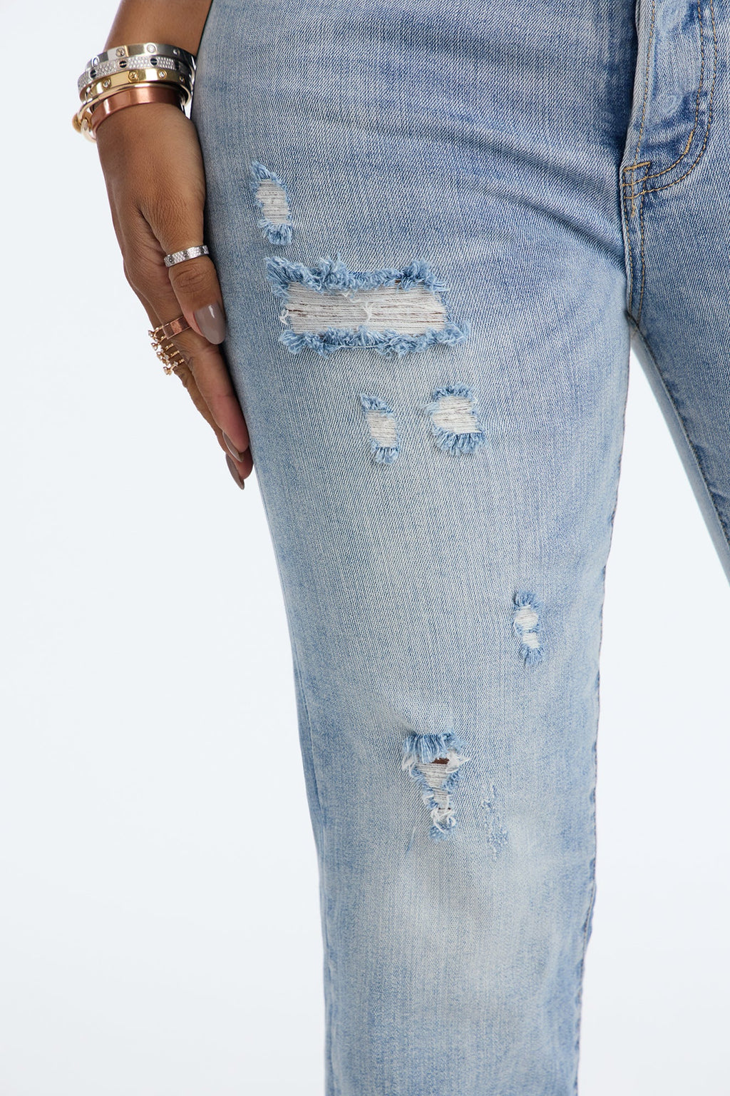 True Instincts Ripped Raw Hem Skinny Jeans - Light Wash