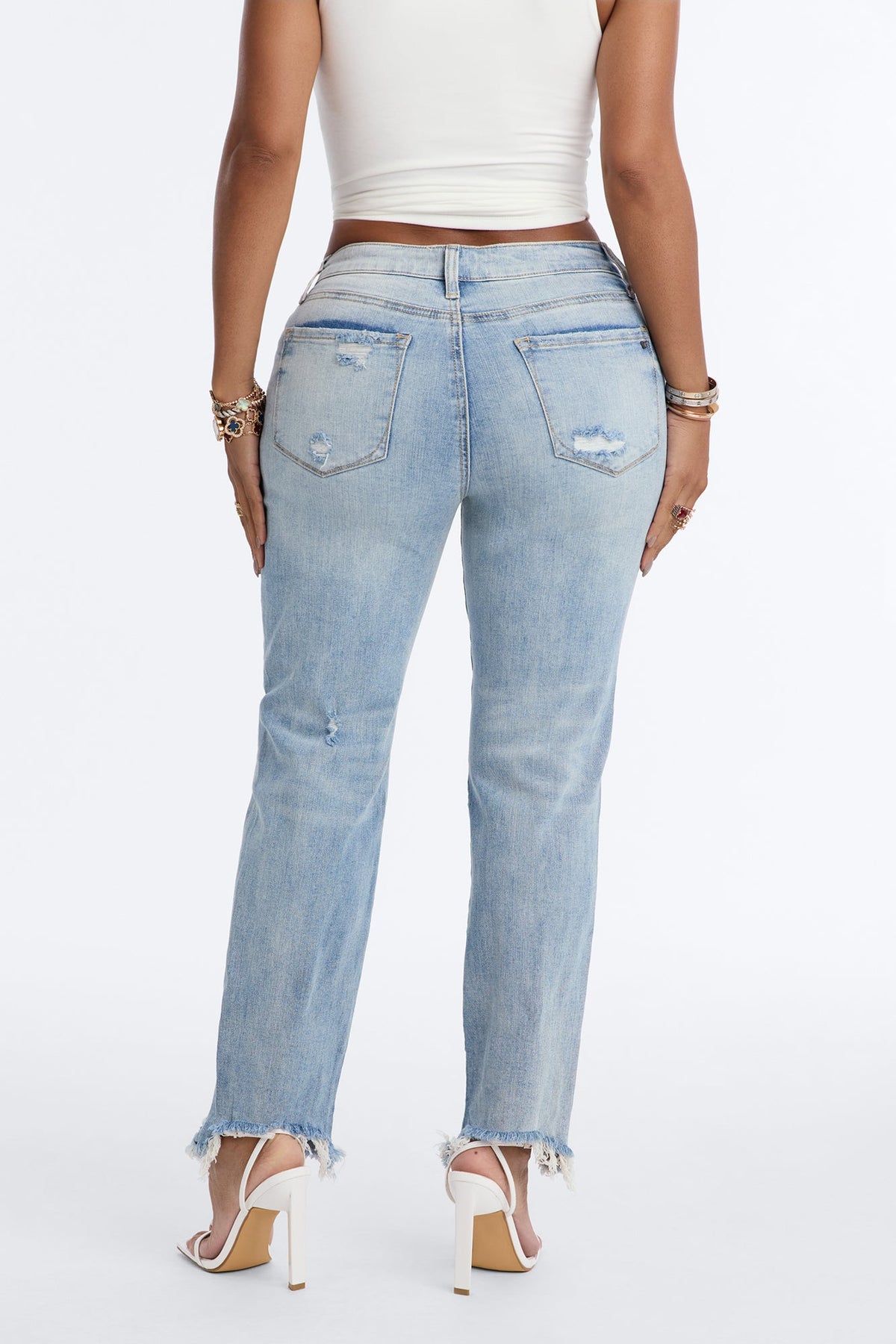 True Instincts Ripped Raw Hem Skinny Jeans - Light Wash