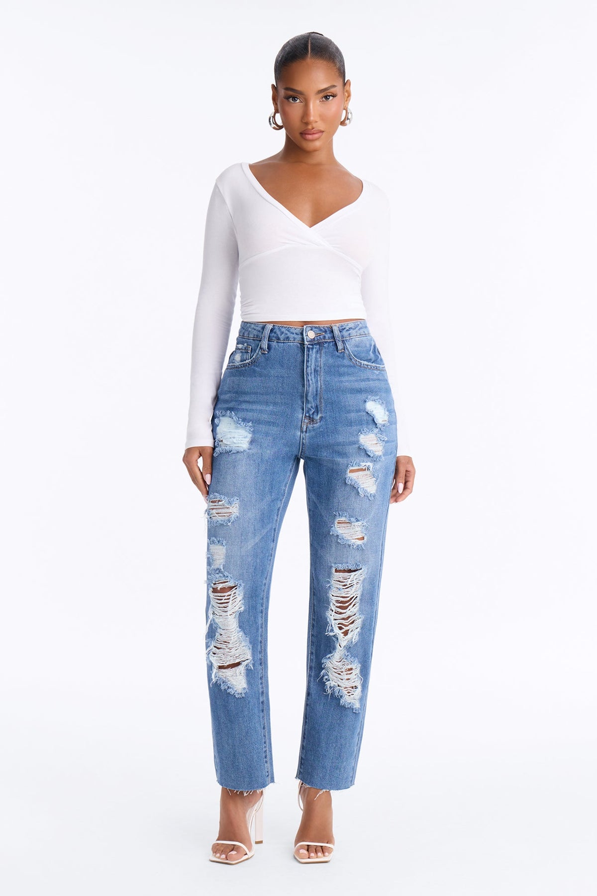 Hollywood High Rise Ripped Slim Straight Ankle Jeans - Dark Wash