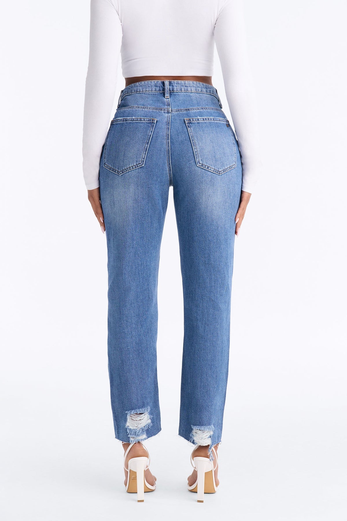Hollywood High Rise Ripped Slim Straight Ankle Jeans - Dark Wash