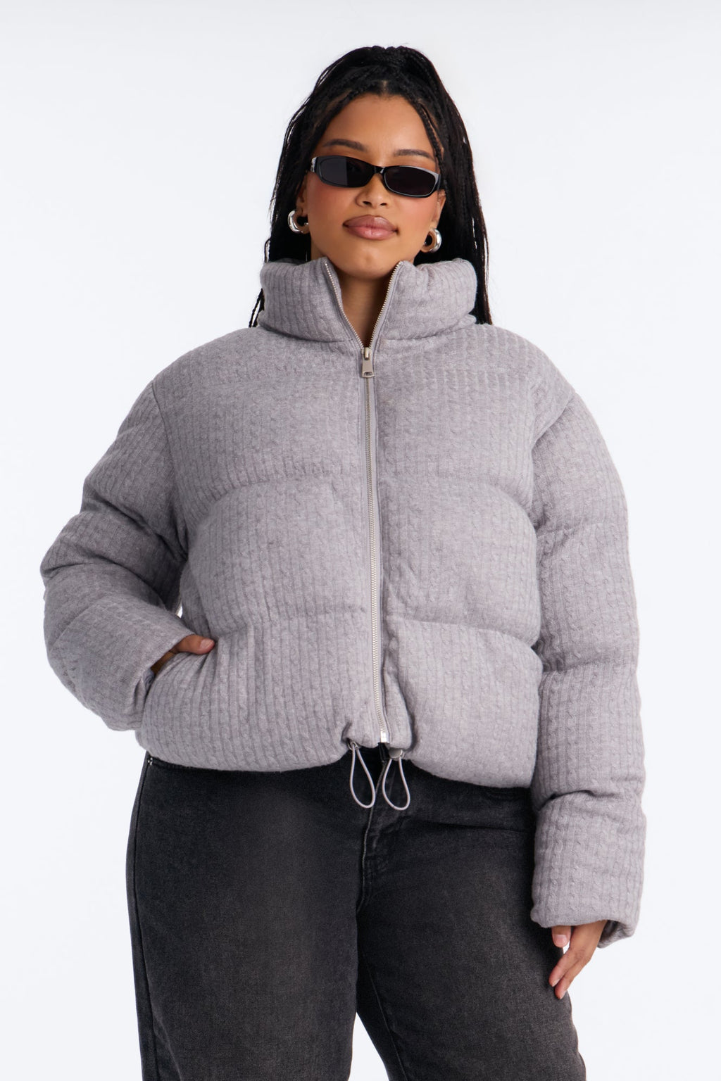 Alessia Cable Knit Puffer Jacket - Heather Grey