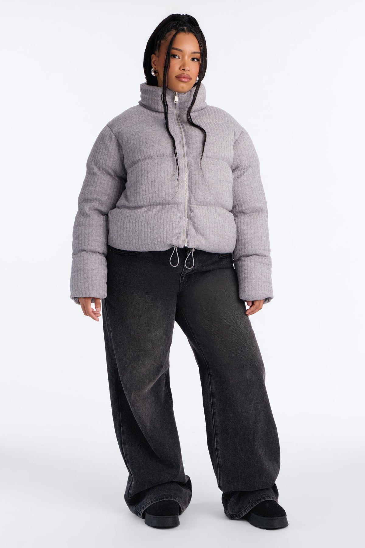 Alessia Cable Knit Puffer Jacket - Heather Grey