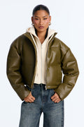 Blake Layered Faux Leather Puffer Jacket - Olive/combo