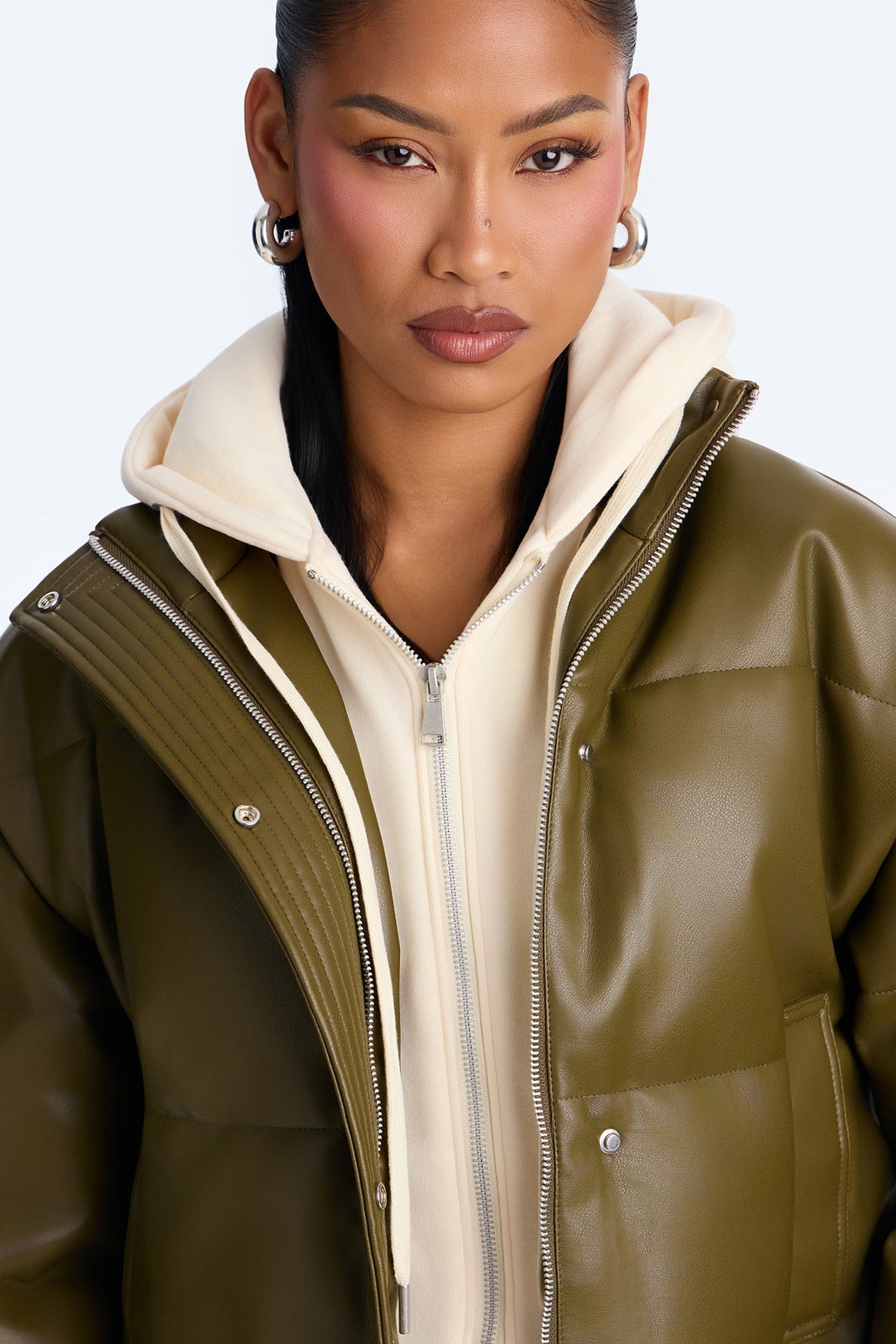 Blake Layered Faux Leather Puffer Jacket - Olive/combo