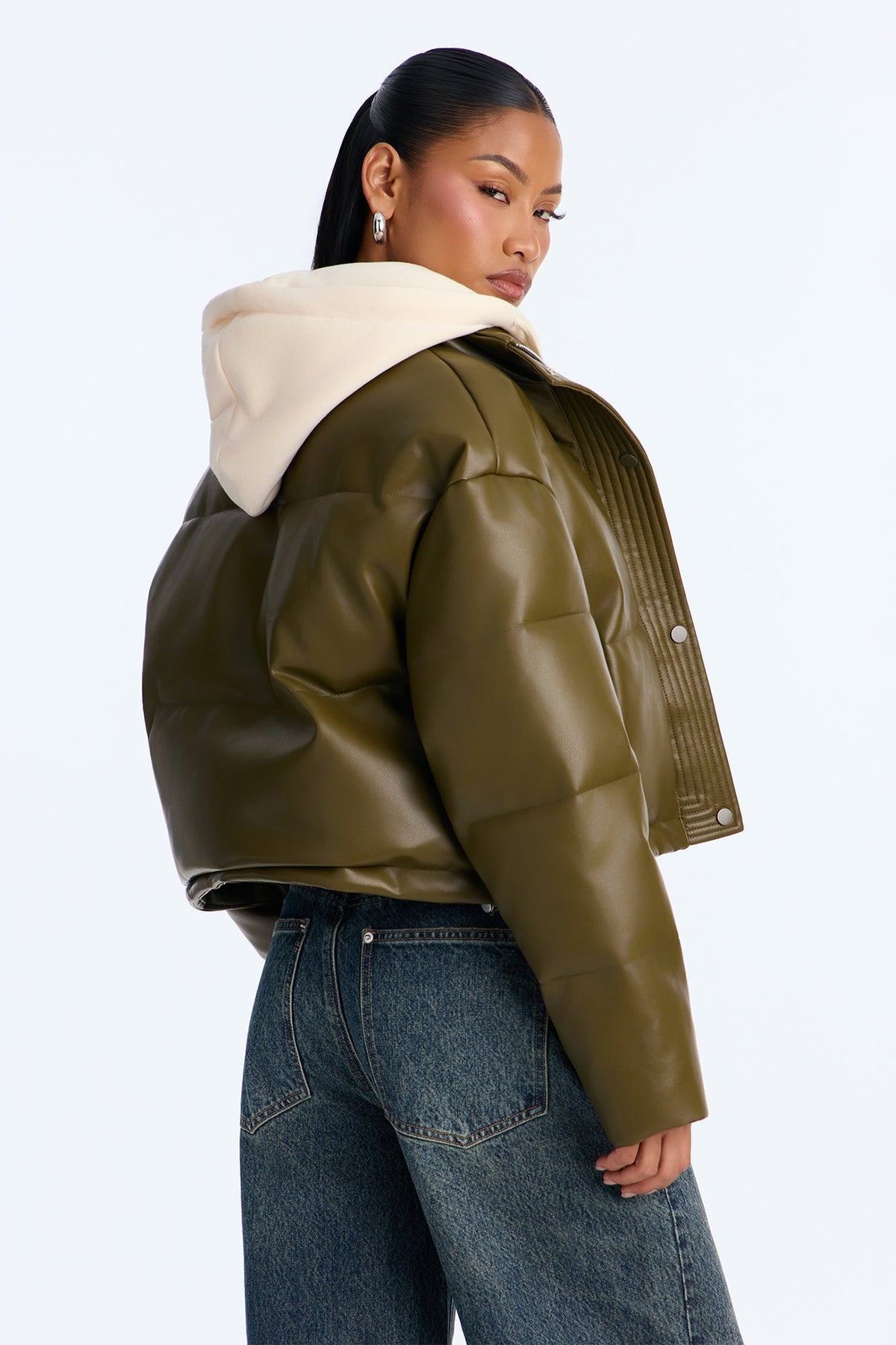 Blake Layered Faux Leather Puffer Jacket - Olive/combo