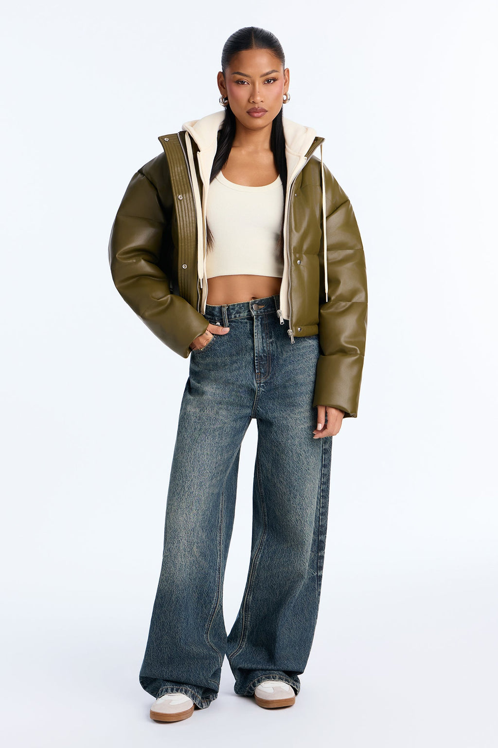 Blake Layered Faux Leather Puffer Jacket - Olive/combo