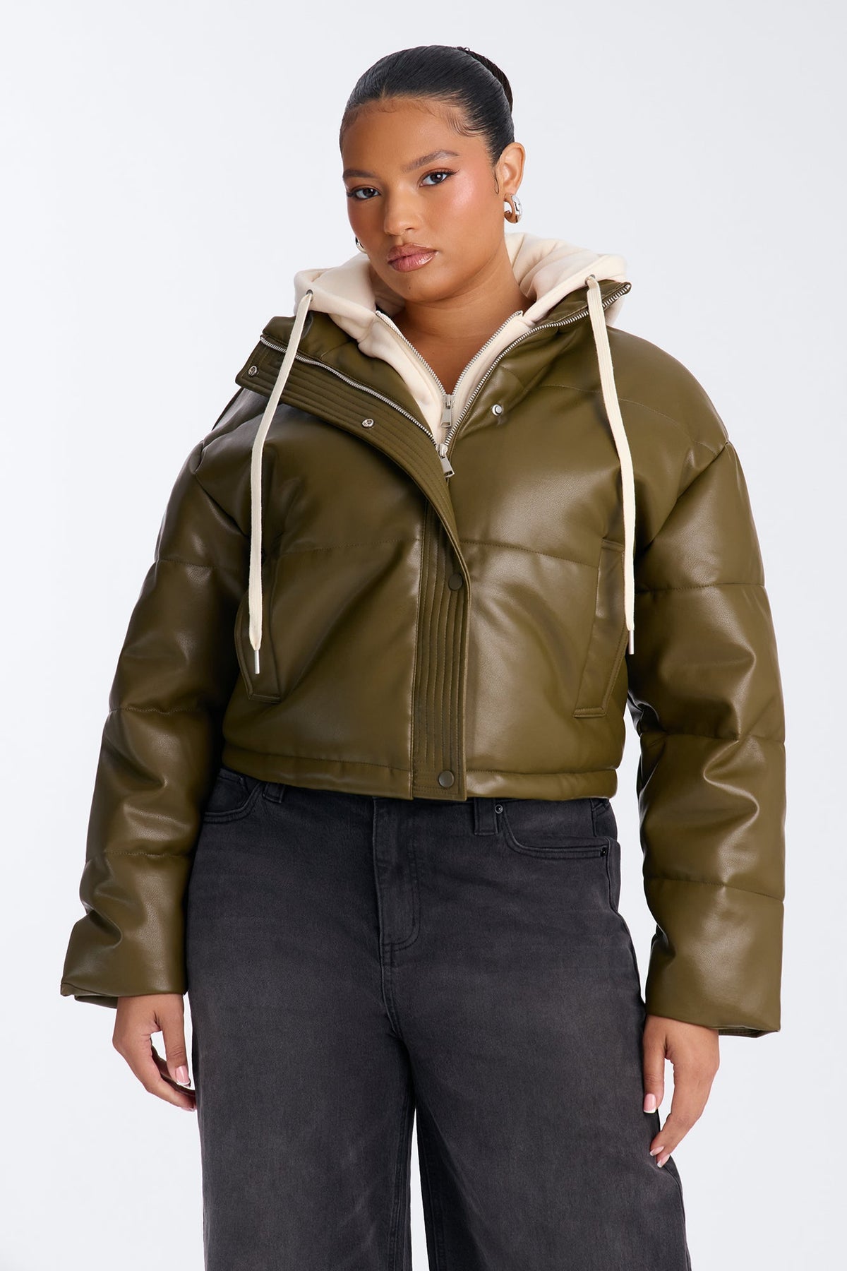 Blake Layered Faux Leather Puffer Jacket - Olive/combo