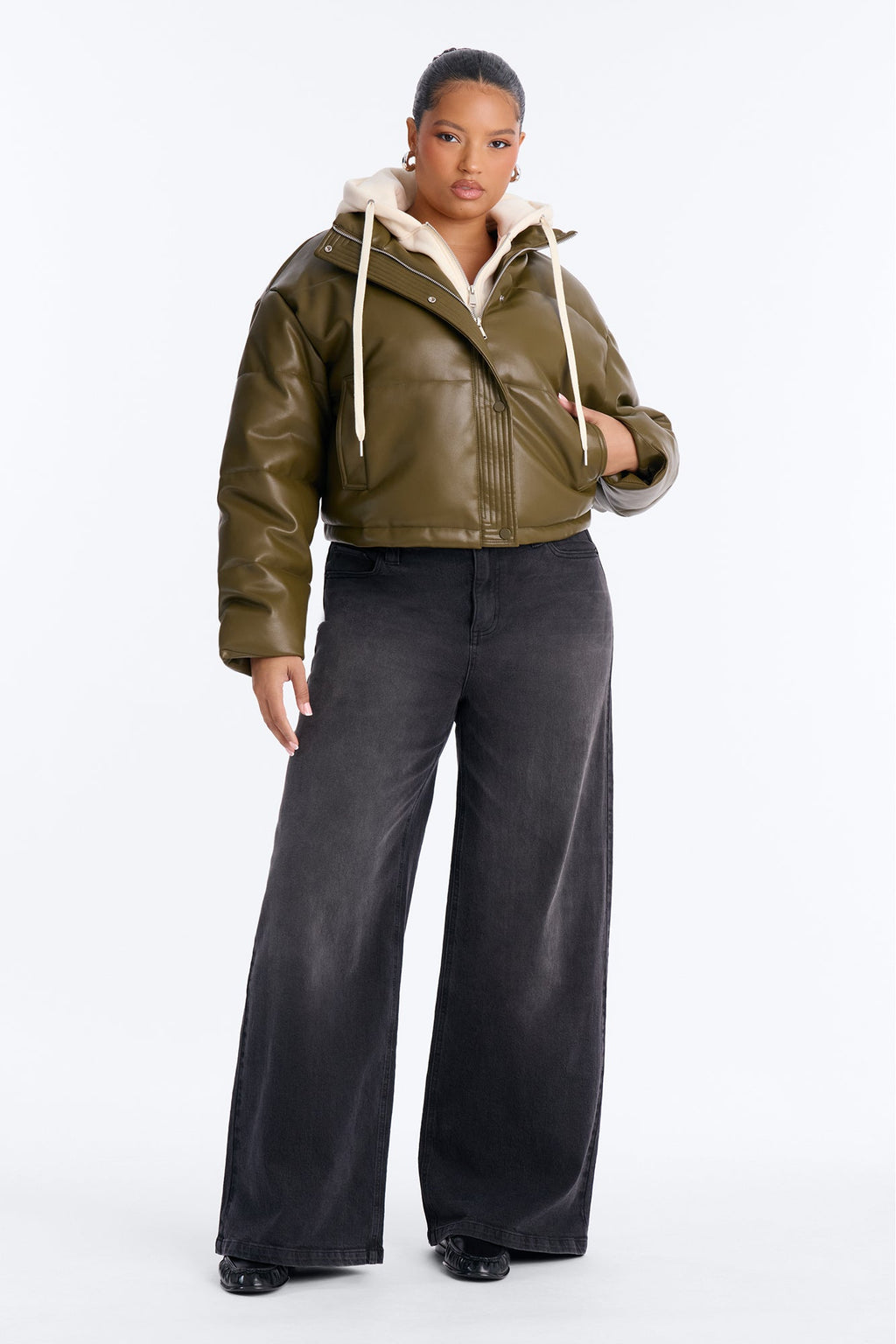 Blake Layered Faux Leather Puffer Jacket - Olive/combo