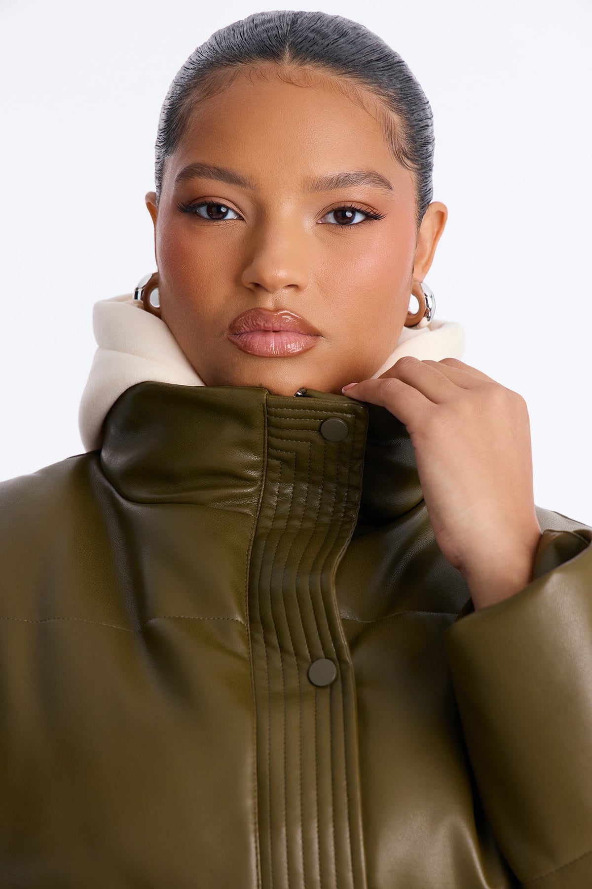 Blake Layered Faux Leather Puffer Jacket - Olive/combo