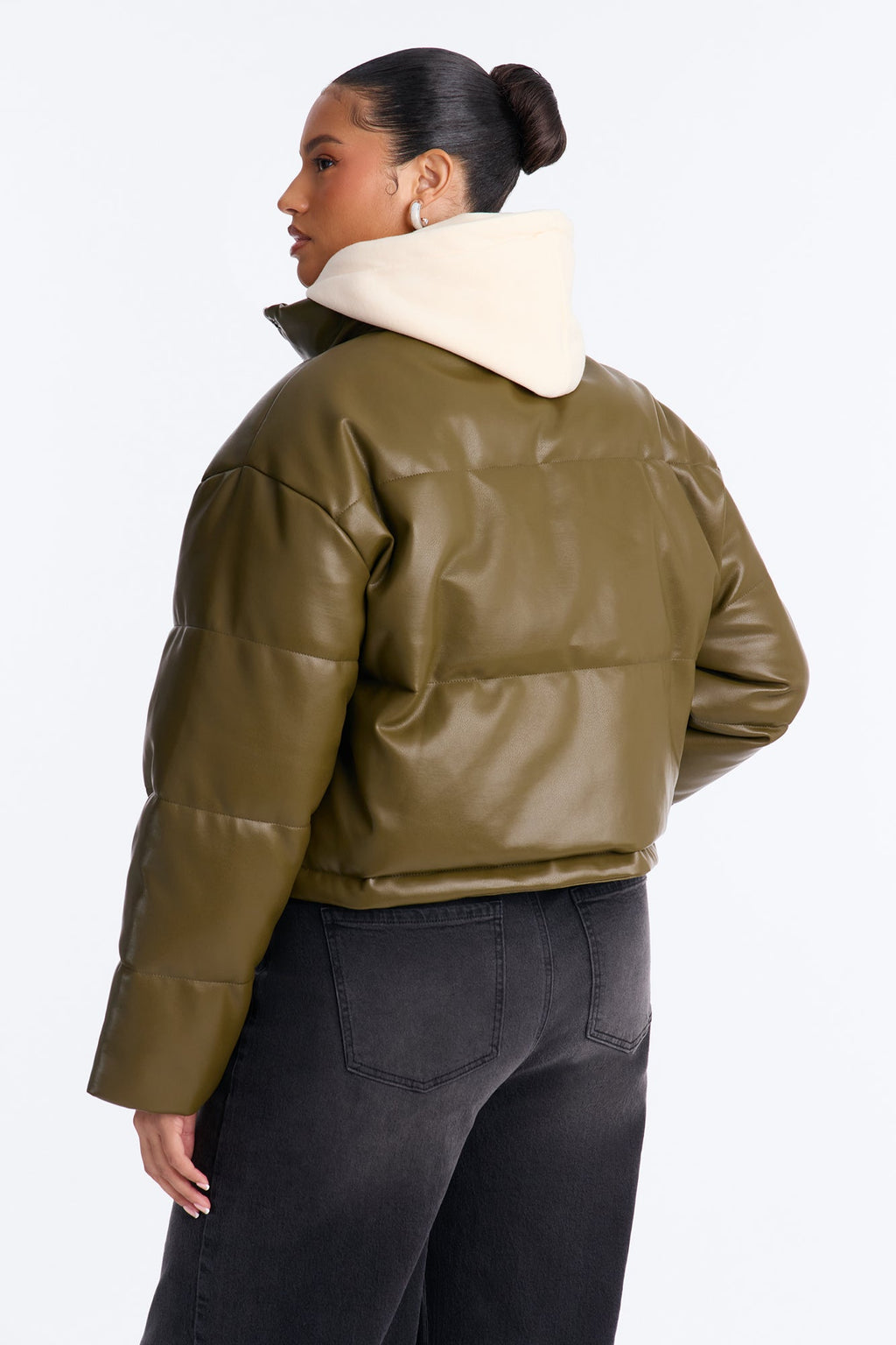Blake Layered Faux Leather Puffer Jacket - Olive/combo