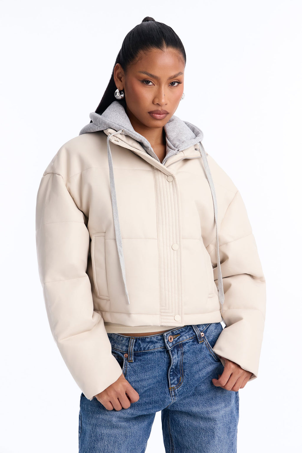 Blake Layered Faux Leather Puffer Jacket - Stone/Combo