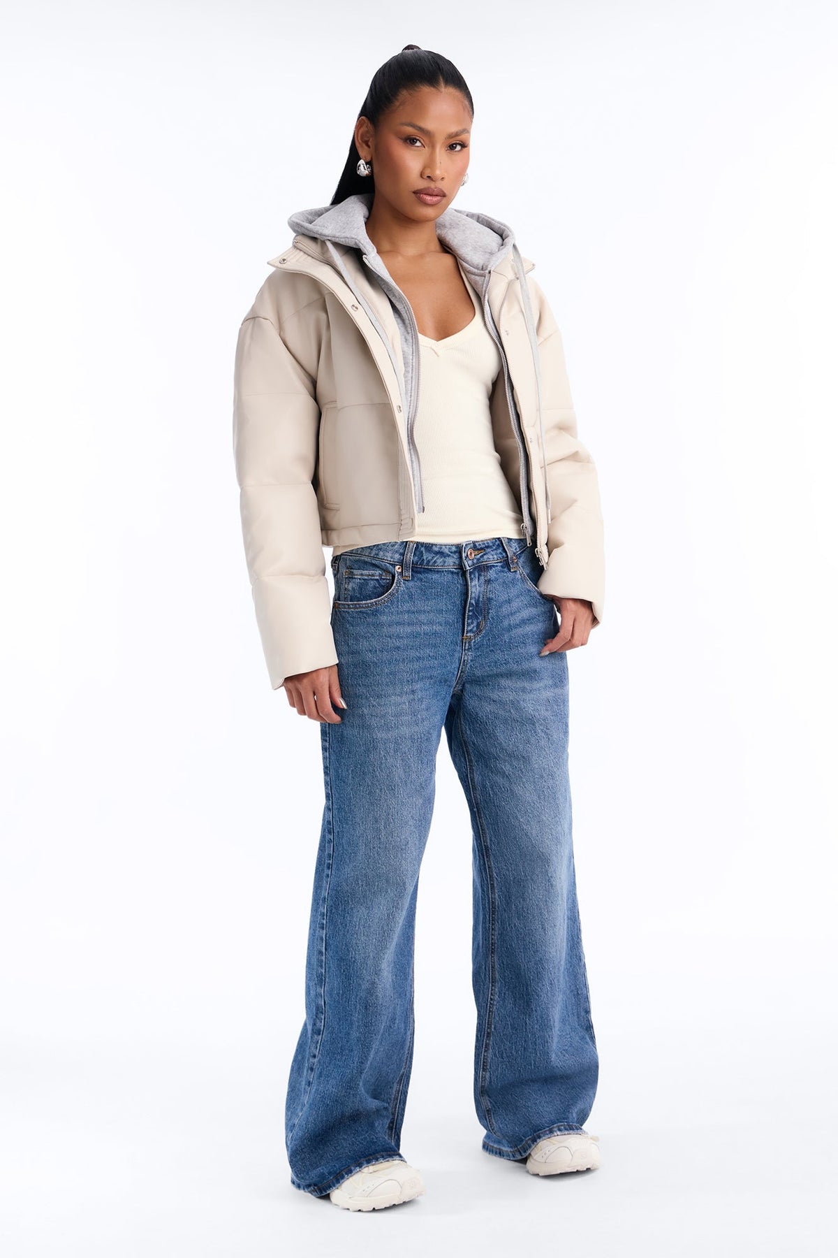Blake Layered Faux Leather Puffer Jacket - Stone/Combo