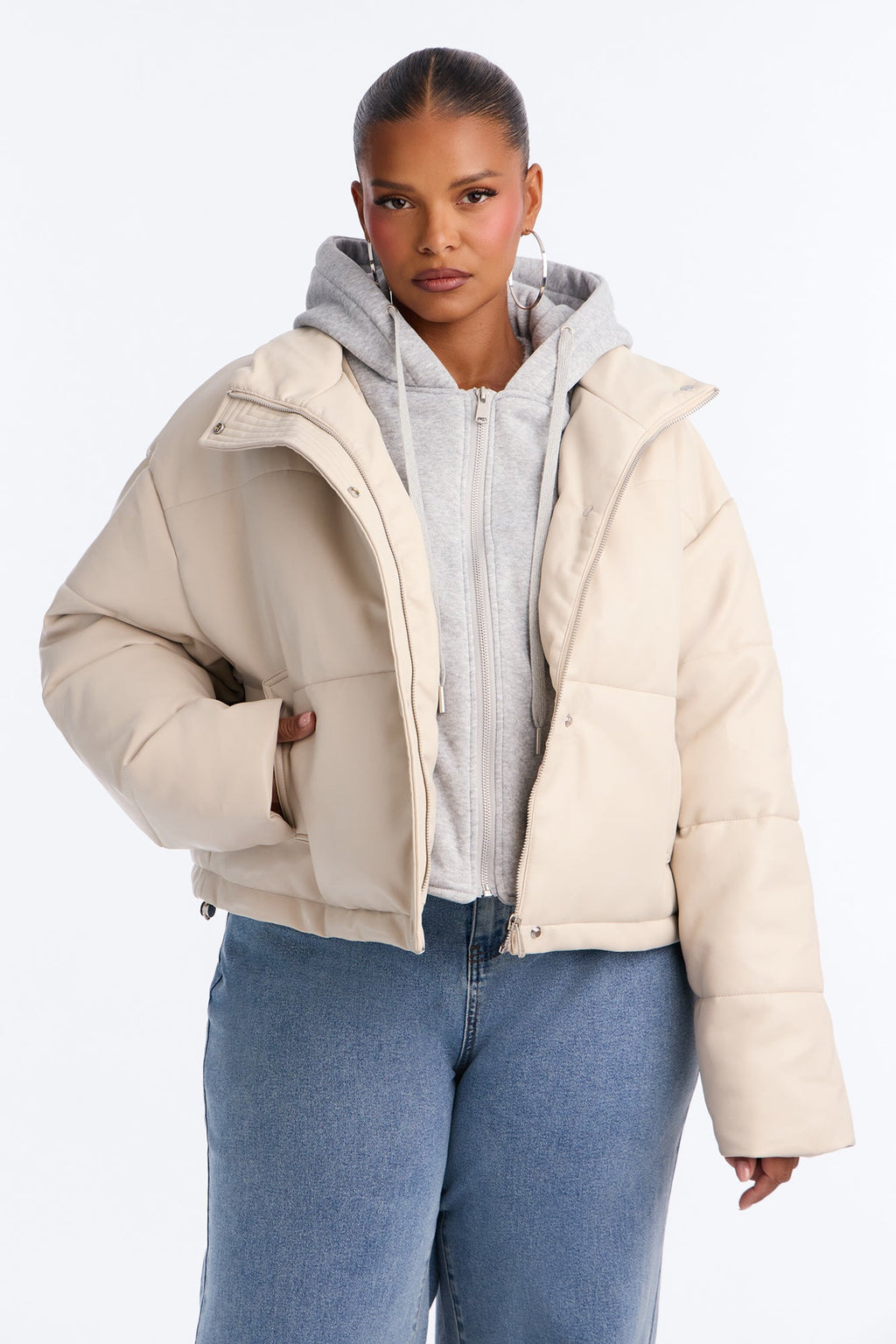 Blake Layered Faux Leather Puffer Jacket - Stone/Combo