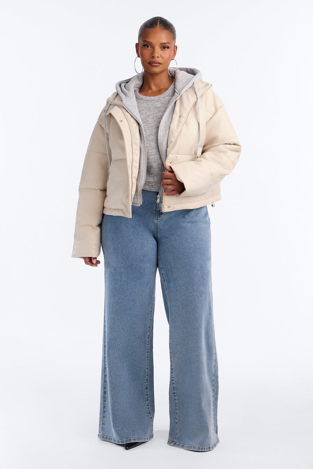Blake Layered Faux Leather Puffer Jacket - Stone/Combo