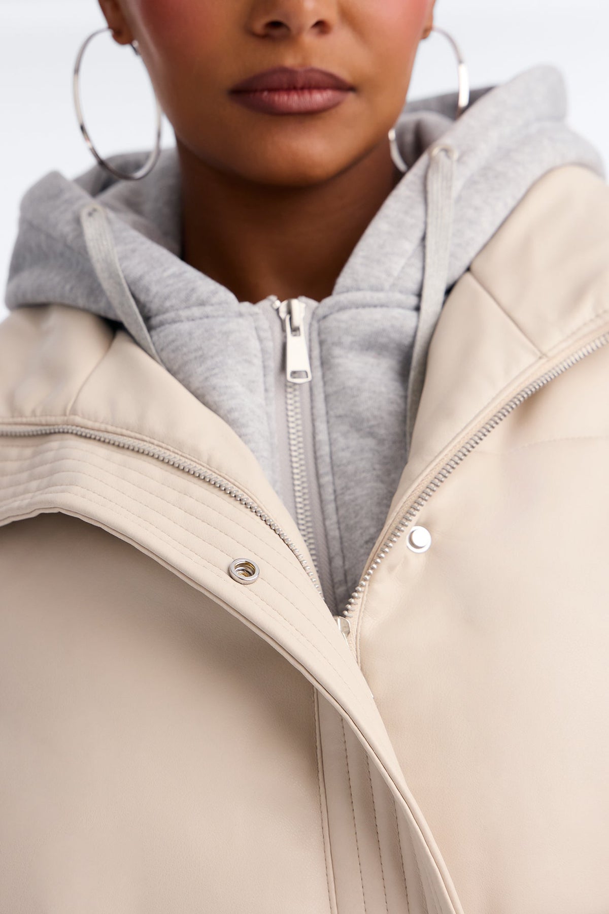 Blake Layered Faux Leather Puffer Jacket - Stone/Combo