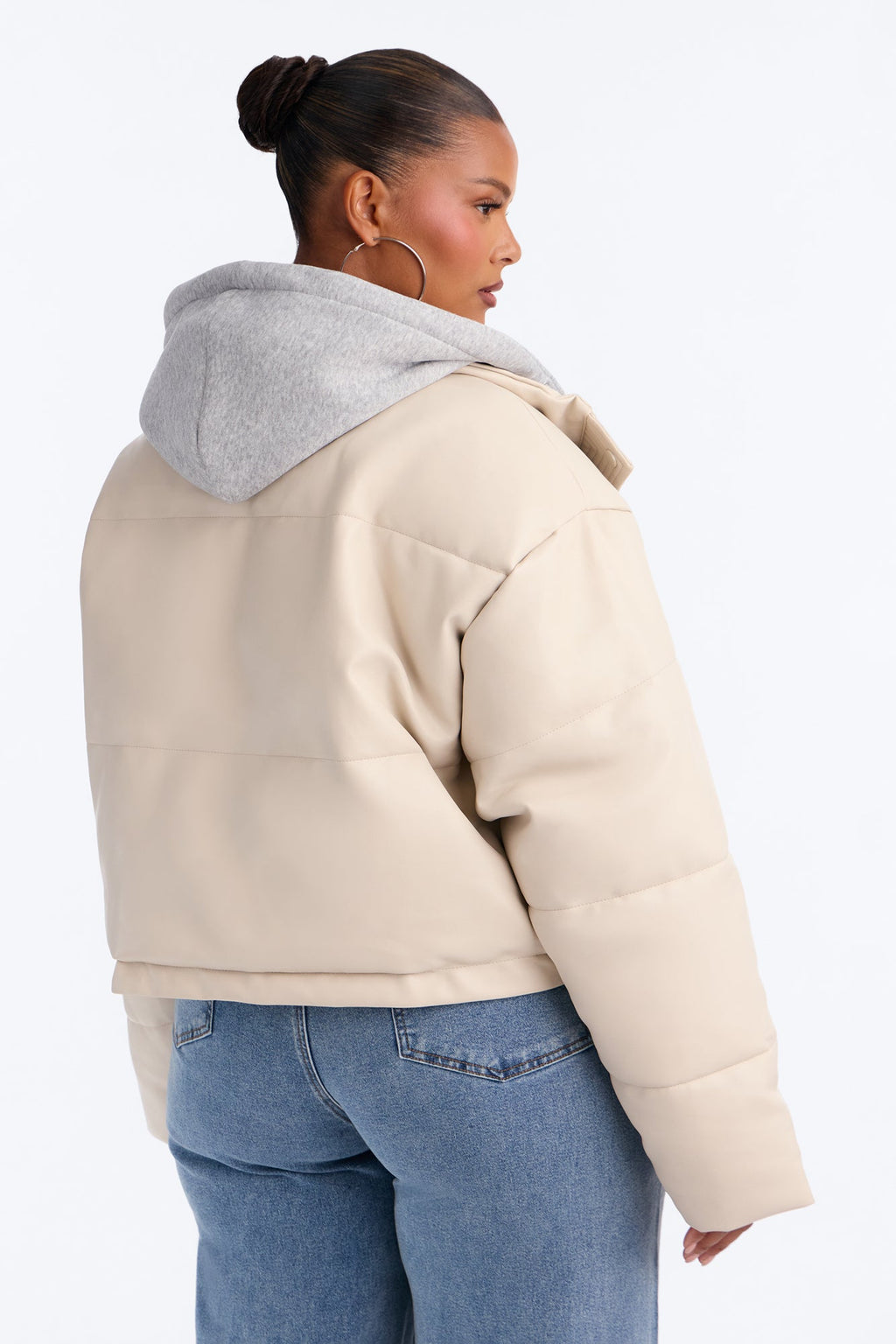 Blake Layered Faux Leather Puffer Jacket - Stone/Combo