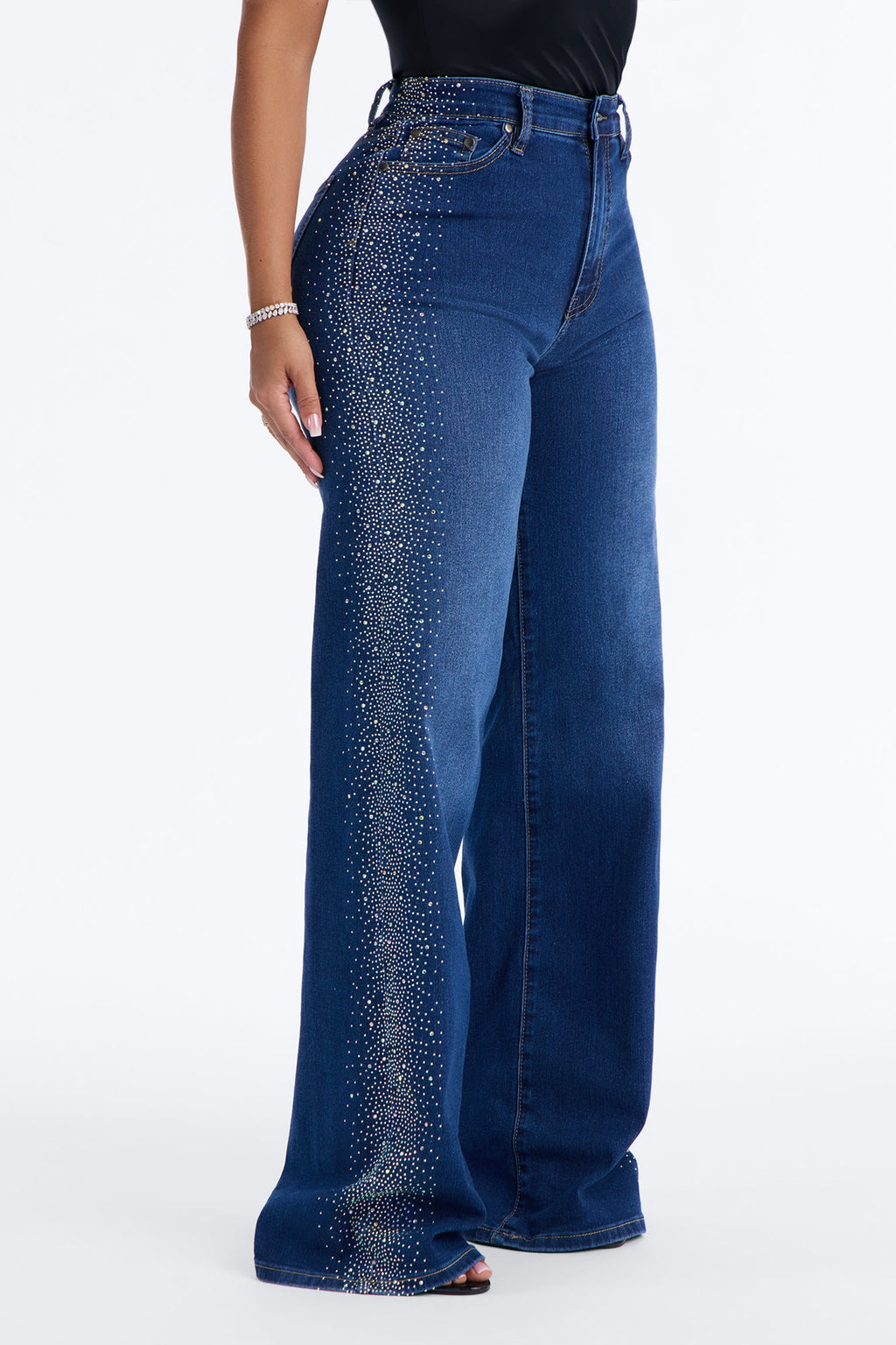 Nightlife Diva Embellished High RIse Stretch Flare Jeans - Dark Wash