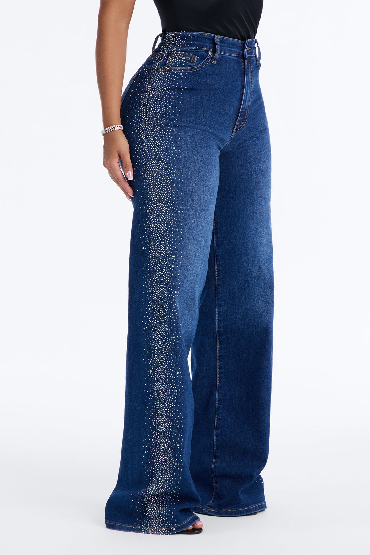 Nightlife Diva Embellished High RIse Stretch Flare Jeans - Dark Wash