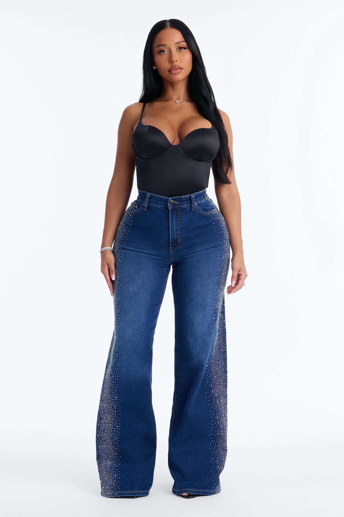 Nightlife Diva Embellished High RIse Stretch Flare Jeans - Dark Wash